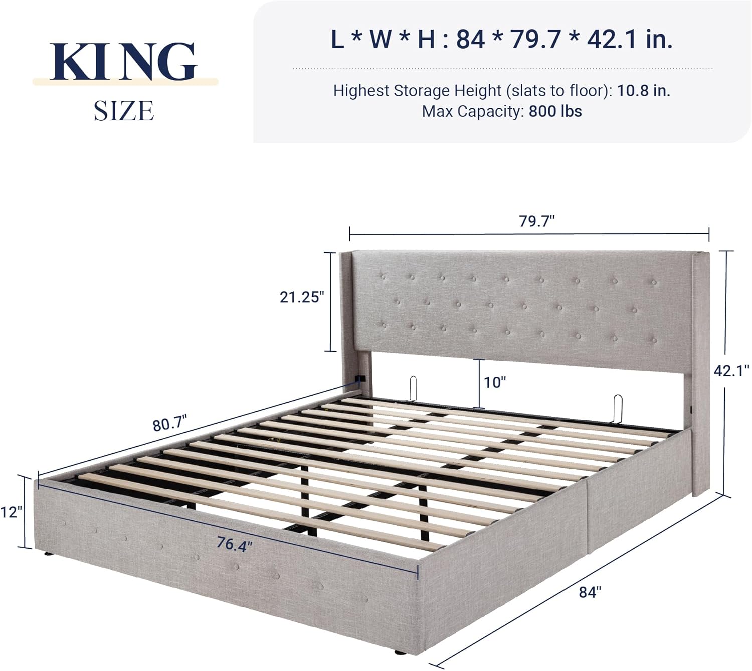 Queen Size Lift Up Storage Bed with Wingback Headboard, Upholstered Platform Bed Frame with Hidden Storage - Image 132