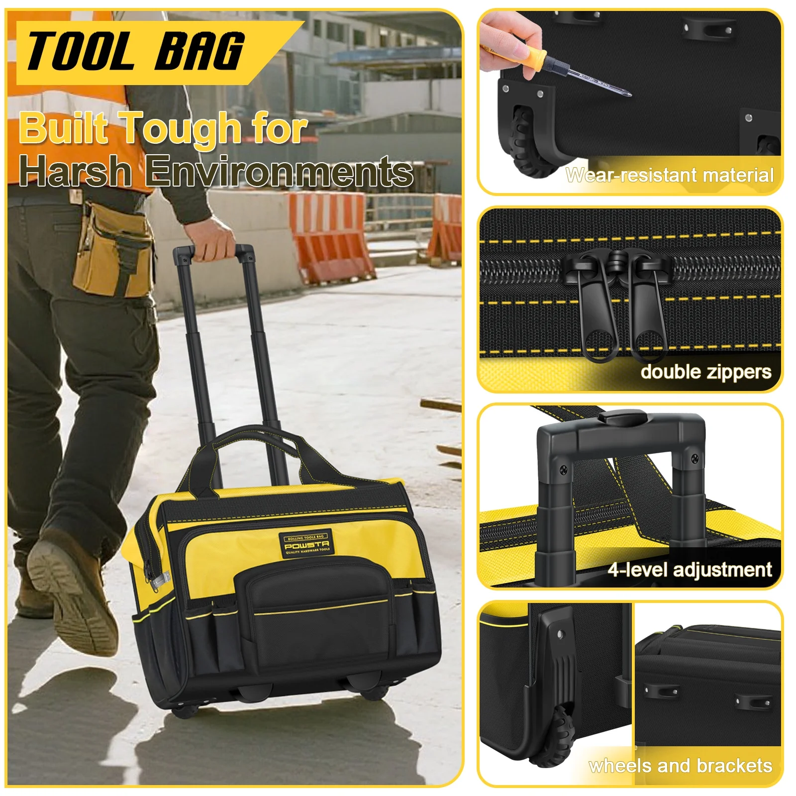 18" Rolling Tool Bag with Wheels, 15-Pocket Heavy Duty Rolling Tool Storage Bag with Retractable Handle for Construction, Carpentry, Repair - Image 4