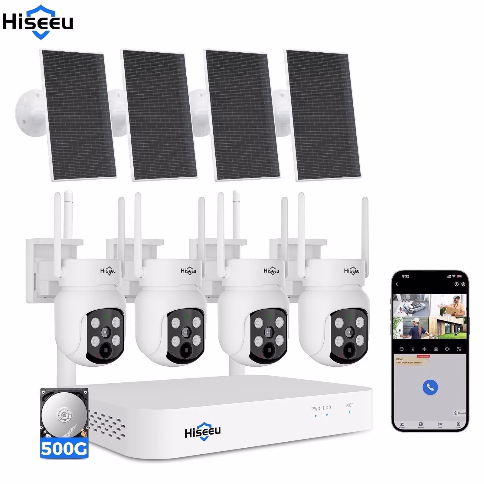 Hiseeu Outdoor Wireless Solar Security Camera System, 4-Camera Home WiFi Surveillance Kit with 10CH NVR, 500G HDD, 2K 4MP 360° View, Color Night Vision, PIR Human Detect, 2-Way Audio, IP66