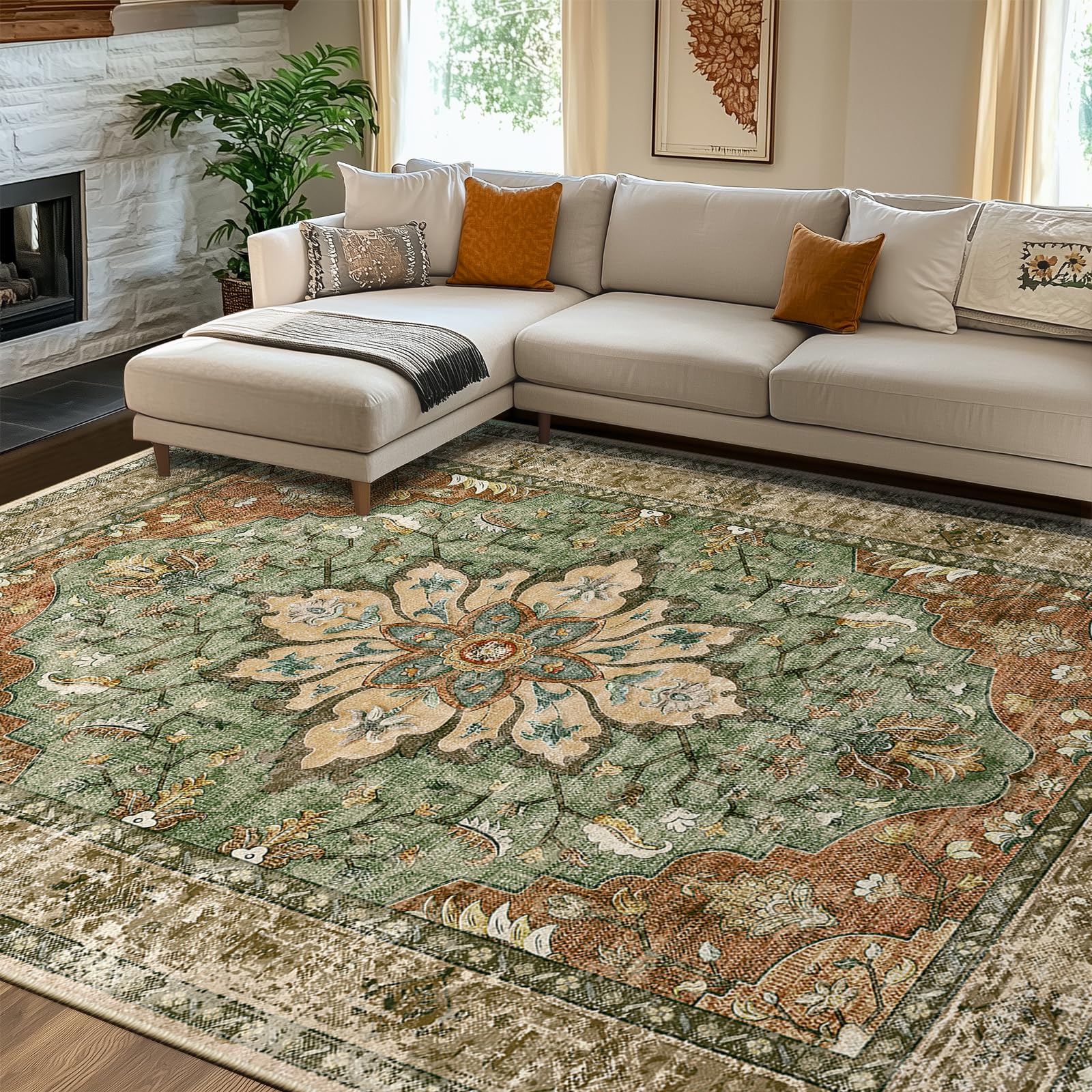 8x10 Washable Floral Medallion Area Rug, Non-Slip Decorative Floor Rug for Living Room, Bedroom and Home - Image 2