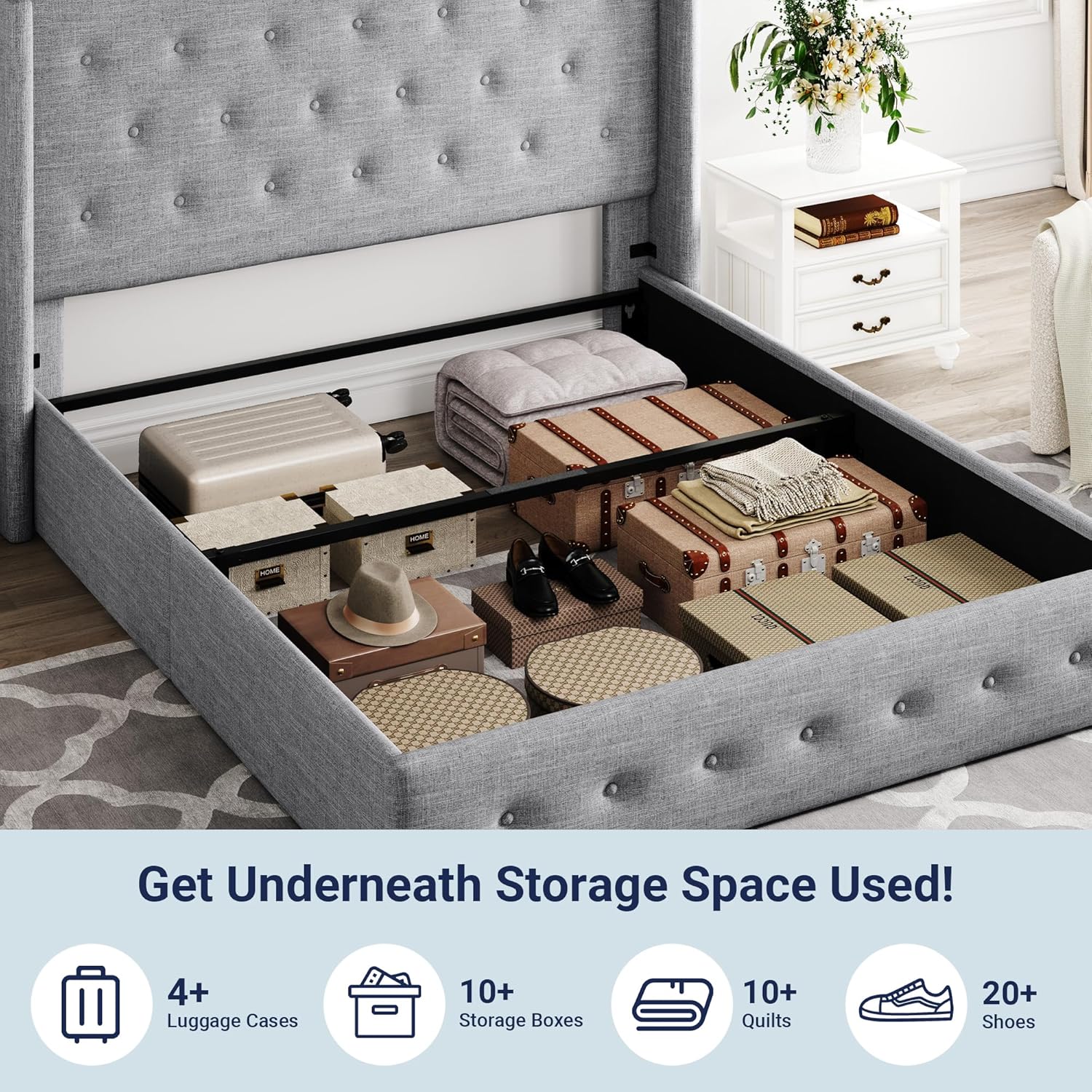 Queen Size Lift Up Storage Bed with Wingback Headboard, Upholstered Platform Bed Frame with Hidden Storage - Image 163