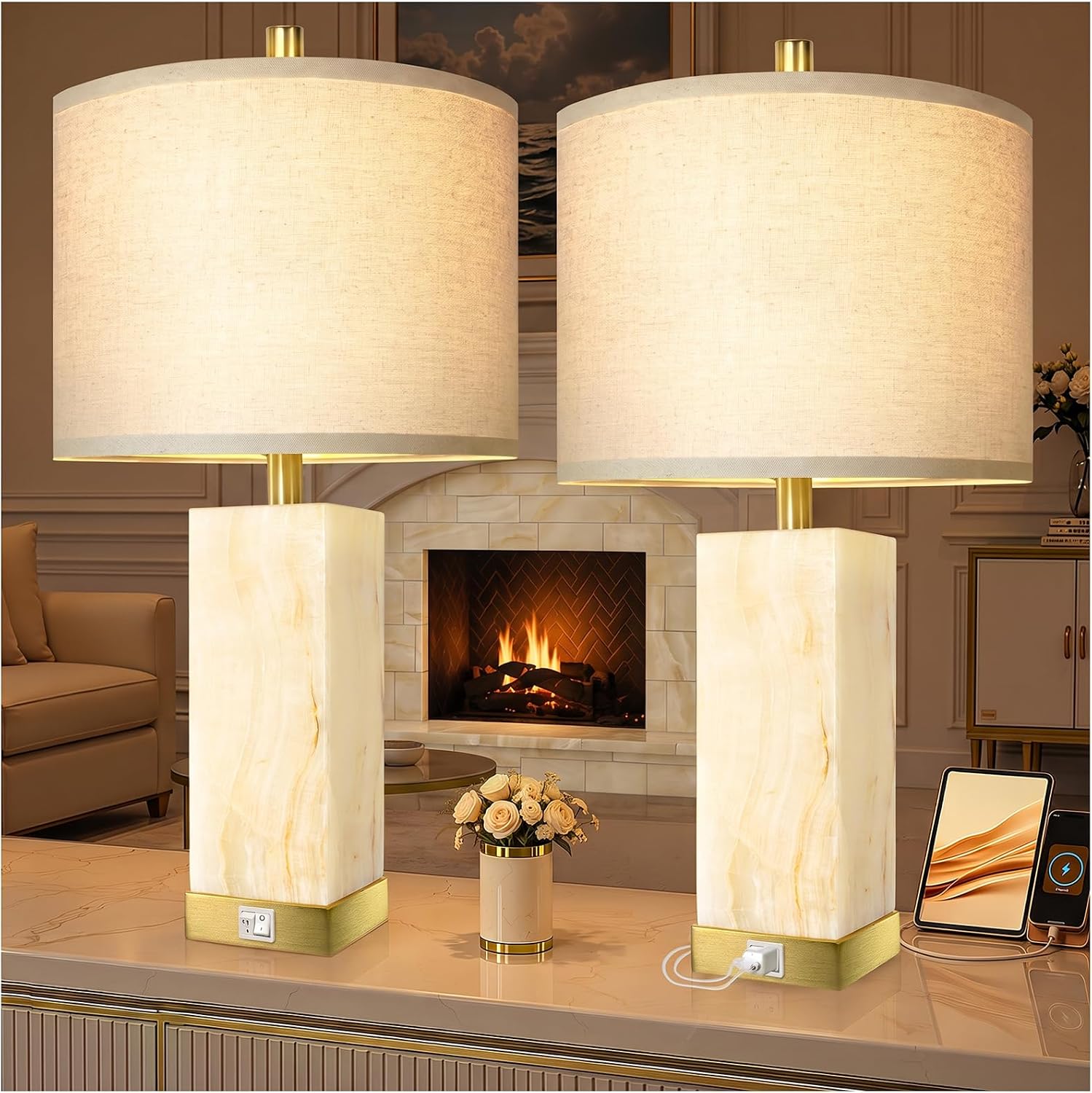 Translucent Marble Table Lamps with Night Light for Living Room