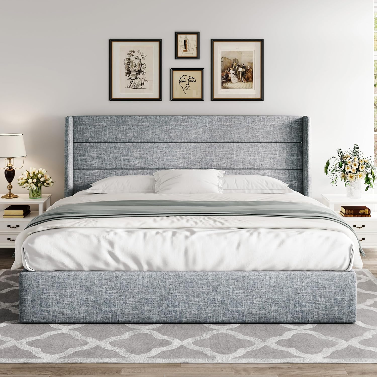 Queen Size Lift Up Storage Bed with Wingback Headboard, Upholstered Platform Bed Frame with Hidden Storage - Image 28