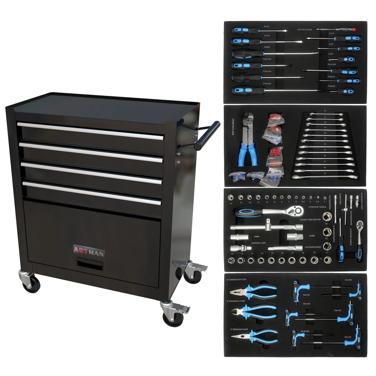 4 Drawers Rolling Tool Chest, High Capacity Tool Box with Tool Sets, Tool Chest with Lockable System and Wheels, Utility Tool Storage Cart for Workshop Mechanics Garage (Black) - Image 4