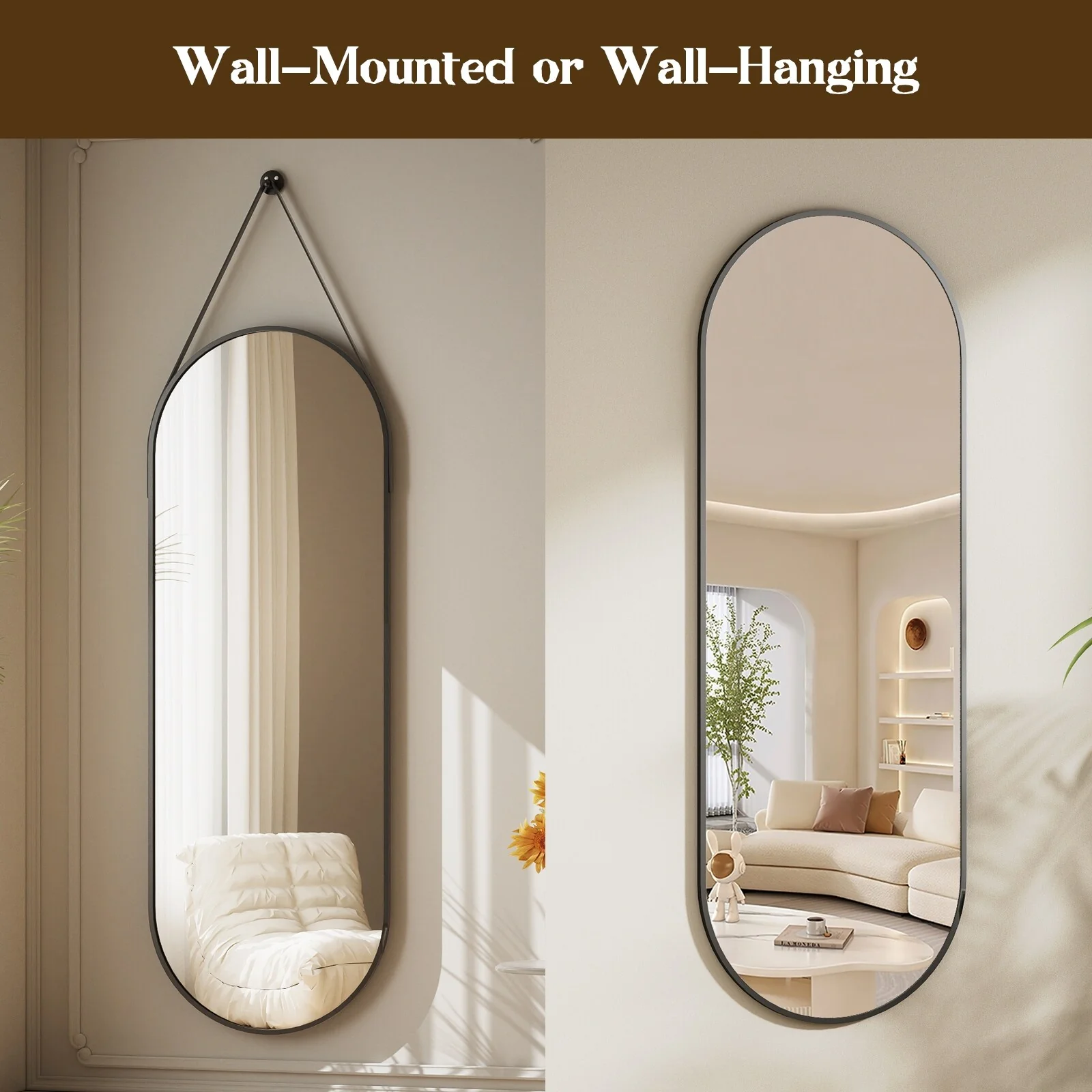 48 x 16 Inch Full Length Wall Mirror with Leather Strap, Hanging Full Body Mirror for Bedroom, Entryway and Home Decor - Image 5
