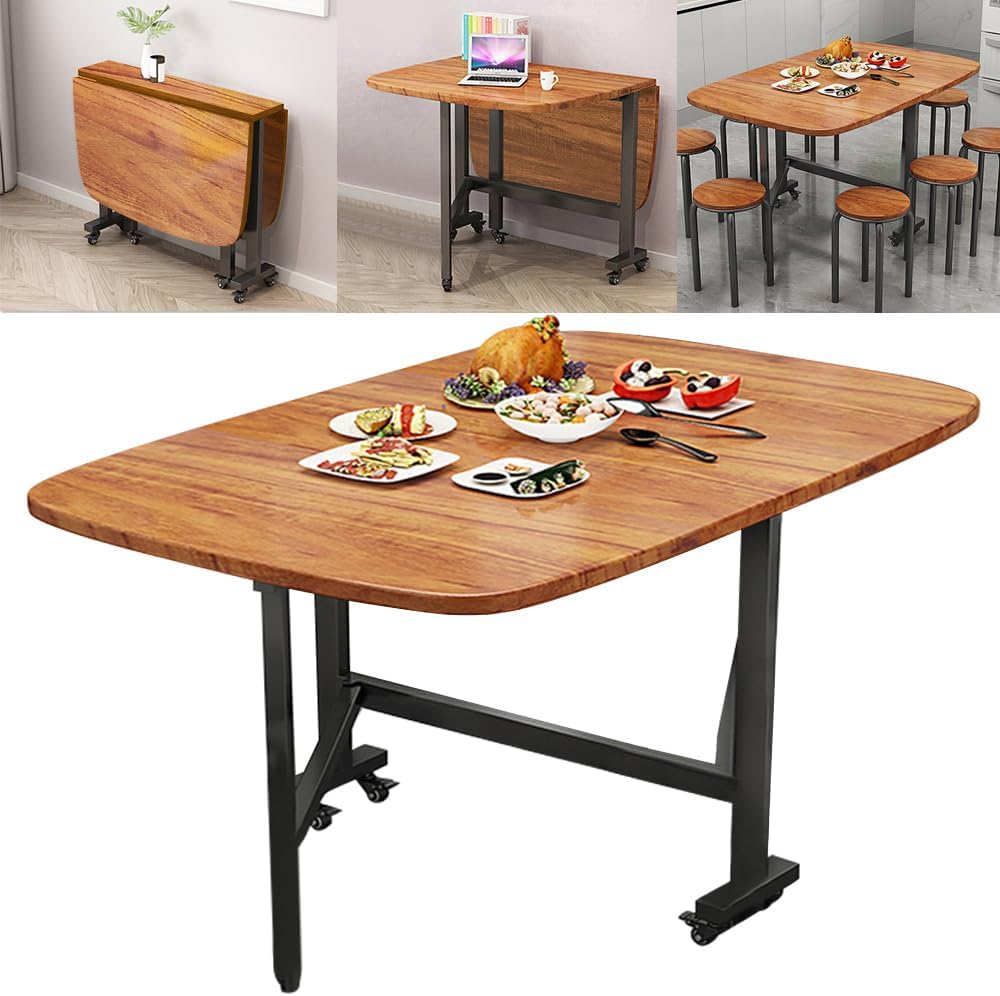 Multifunction Table Drop Leaf Dining Table - 47" Wooden Foldable Kitchen Table with 6 Wheels (Brown)