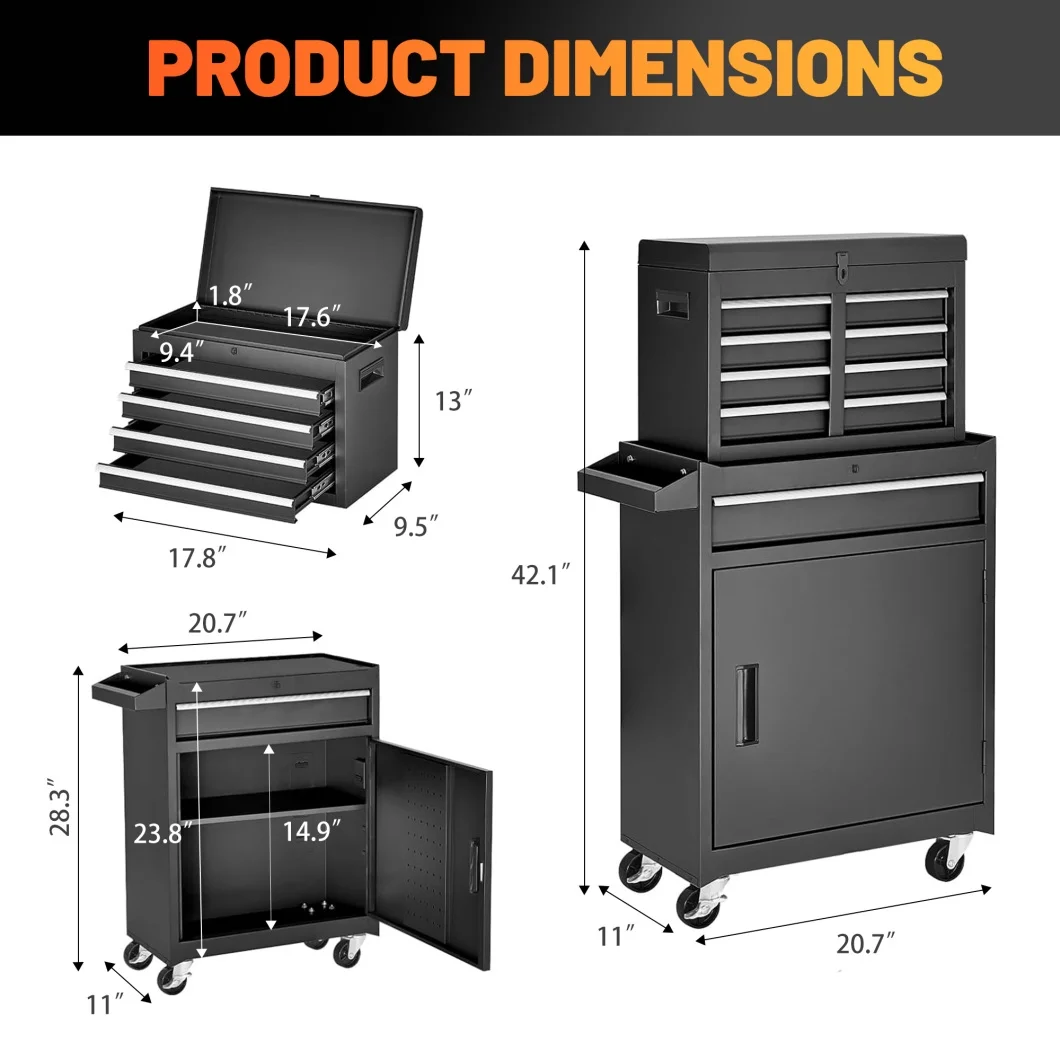 5-Drawer Rolling Tool Chest, 2 in 1 Detachable Tool Box with Lockable Wheels, Adjustable Shelf, and Liner for Garage and Workshop Storage (Yellow) - Image 12