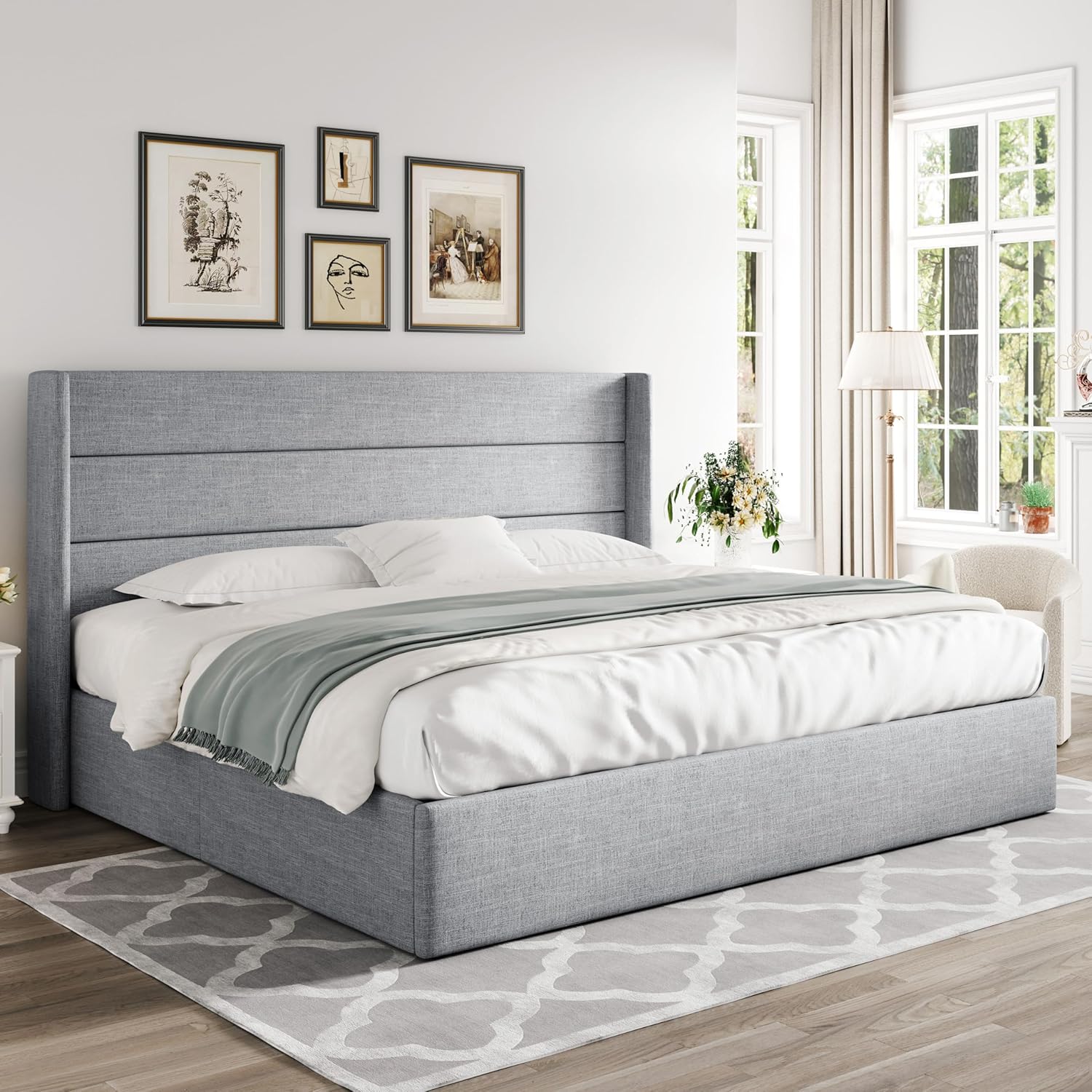 Queen Size Lift Up Storage Bed with Wingback Headboard, Upholstered Platform Bed Frame with Hidden Storage - Image 16