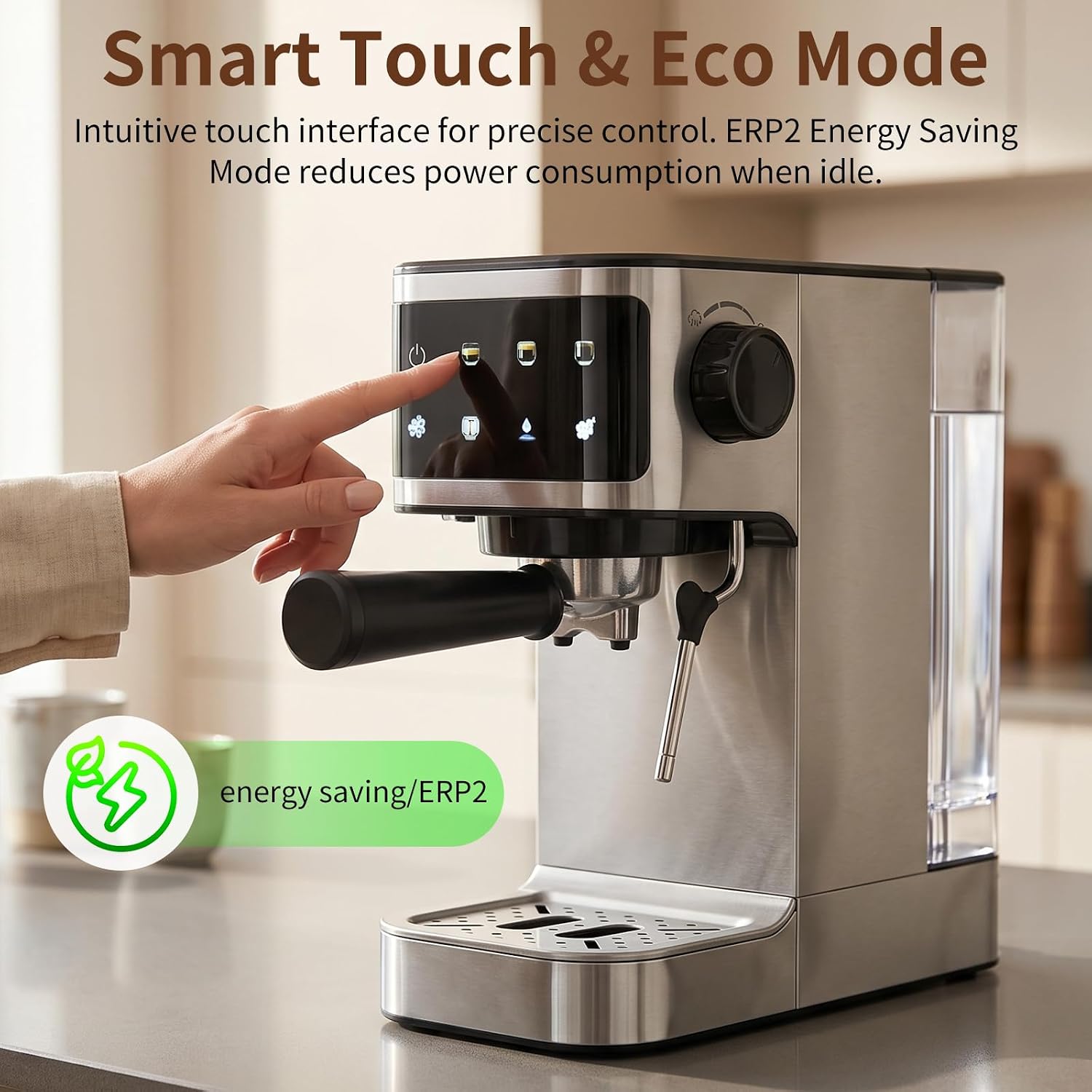 Espresso Machine 20 Bar, 1350W Instant Heating Coffee Maker with Stainless Steel Steam Wand & Touch Color Display, 6-in-1, 1.3L Removable Tank, Compact Stainless Steel - Image 5