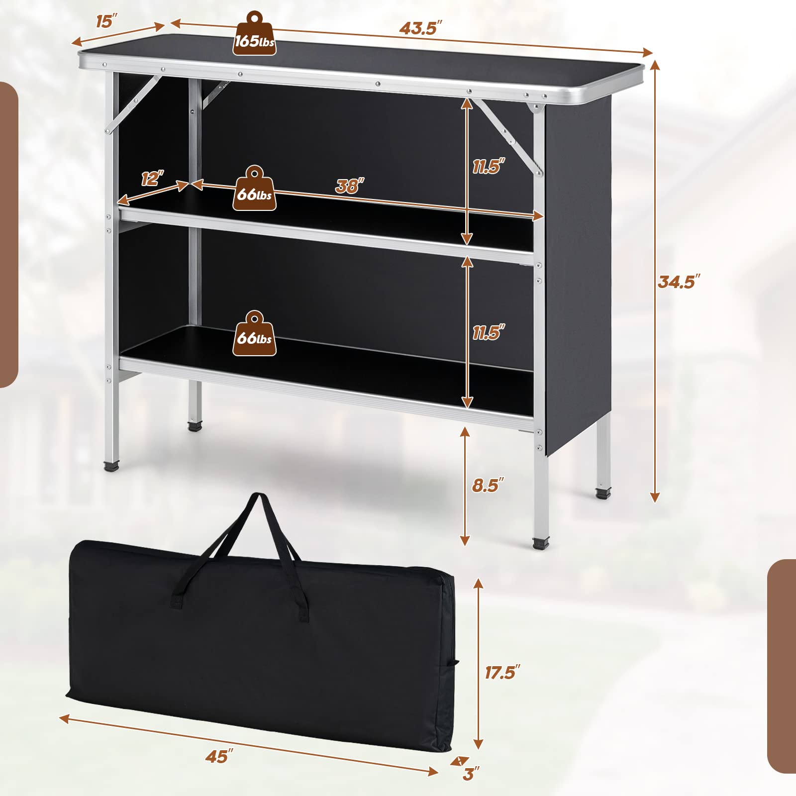 Folding Camping Table, Aluminum Portable Pop-Up Bar Table with 2-Tier Storage Shelves - Image 2