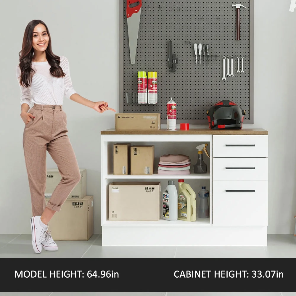 Madesa Garage and Utility Room Base Storage Cabinet with 2 Doors and 3 Drawers Storage Shelves 47 Inch Wooden Organization Unit - White - Image 6