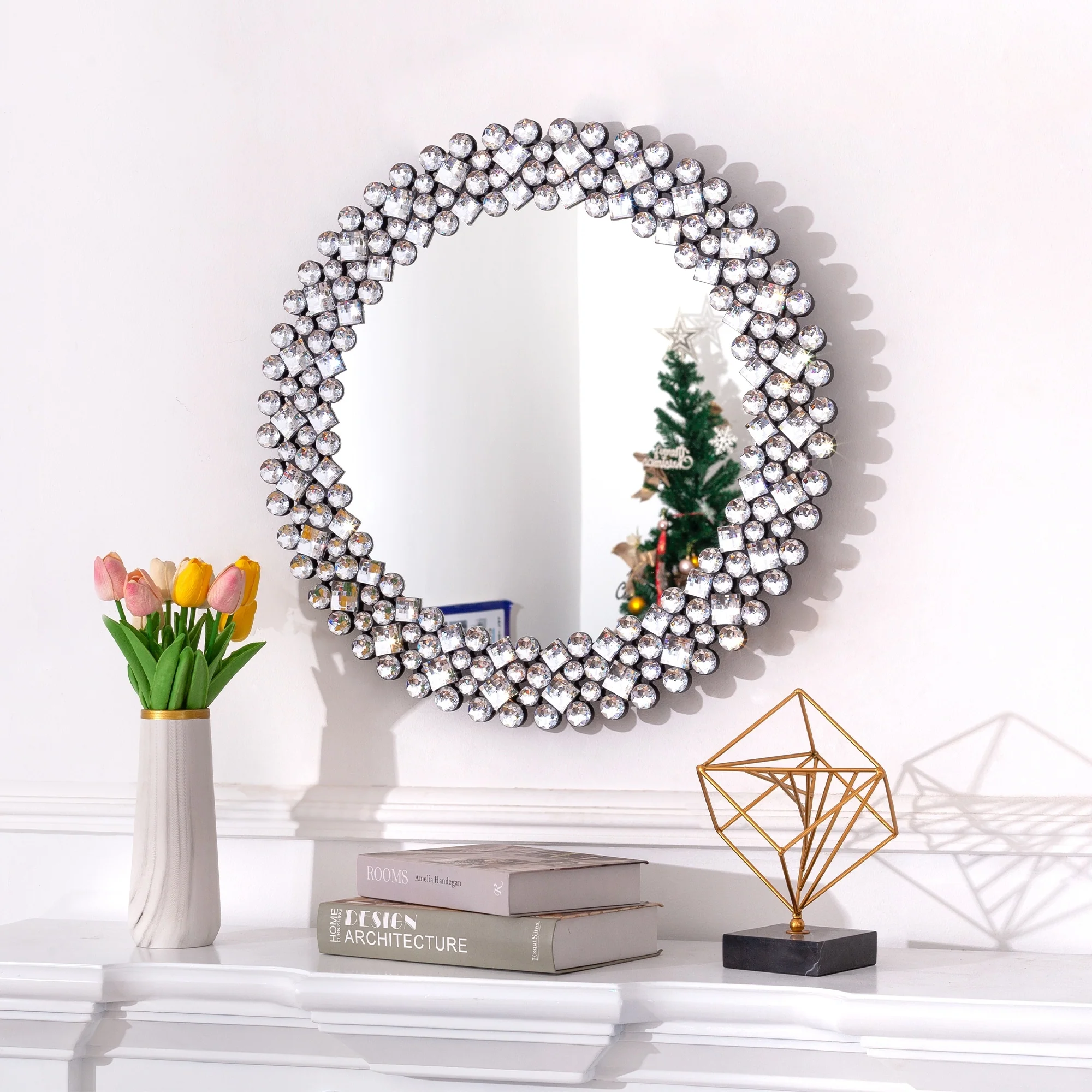 Modern Round Wall Mirror, Crystal Accent Decorative Mirror for Living Room, Bedroom and Entryway - Image 11