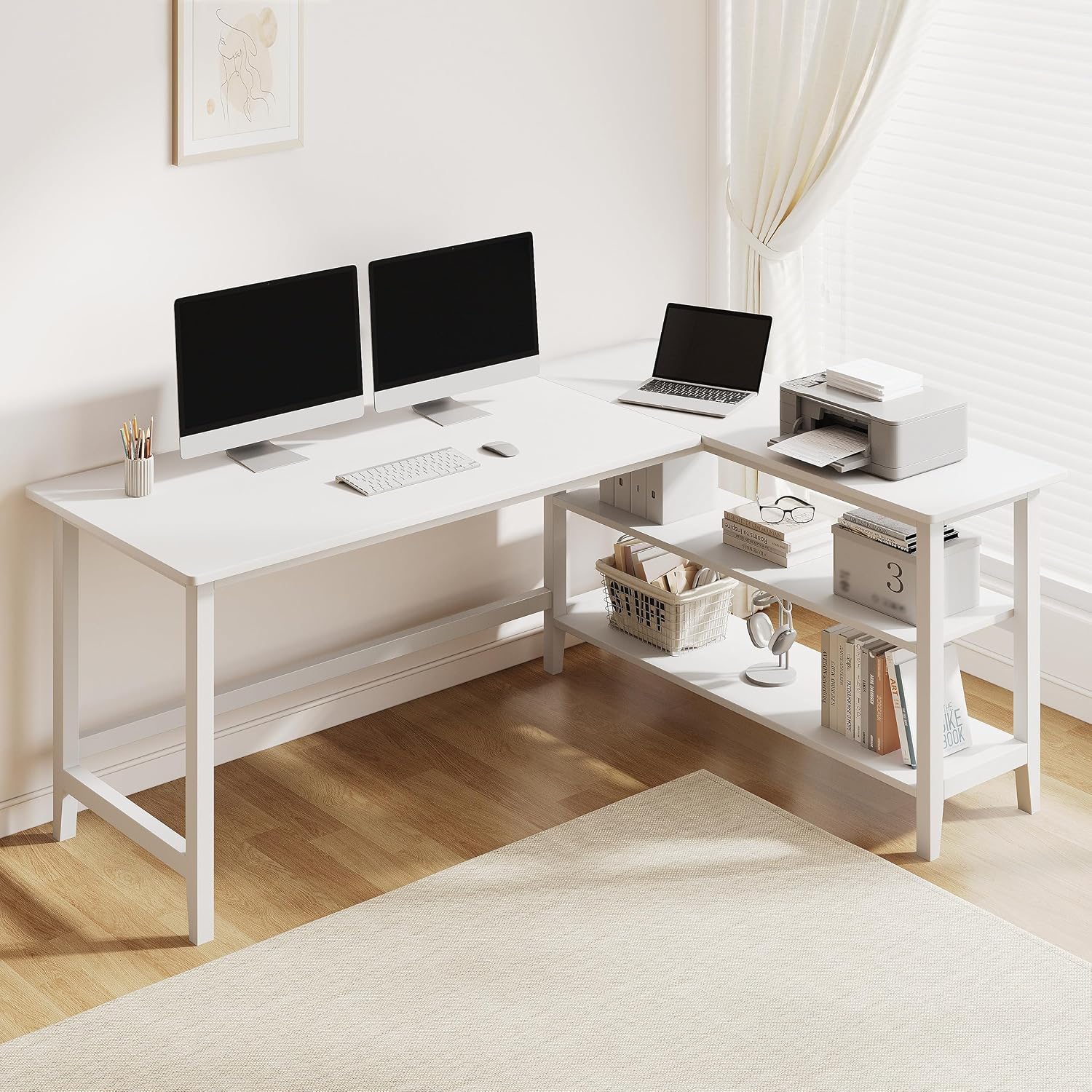 45" Reversible L-Shaped Office Desk with Storage Shelves, White - Image 5