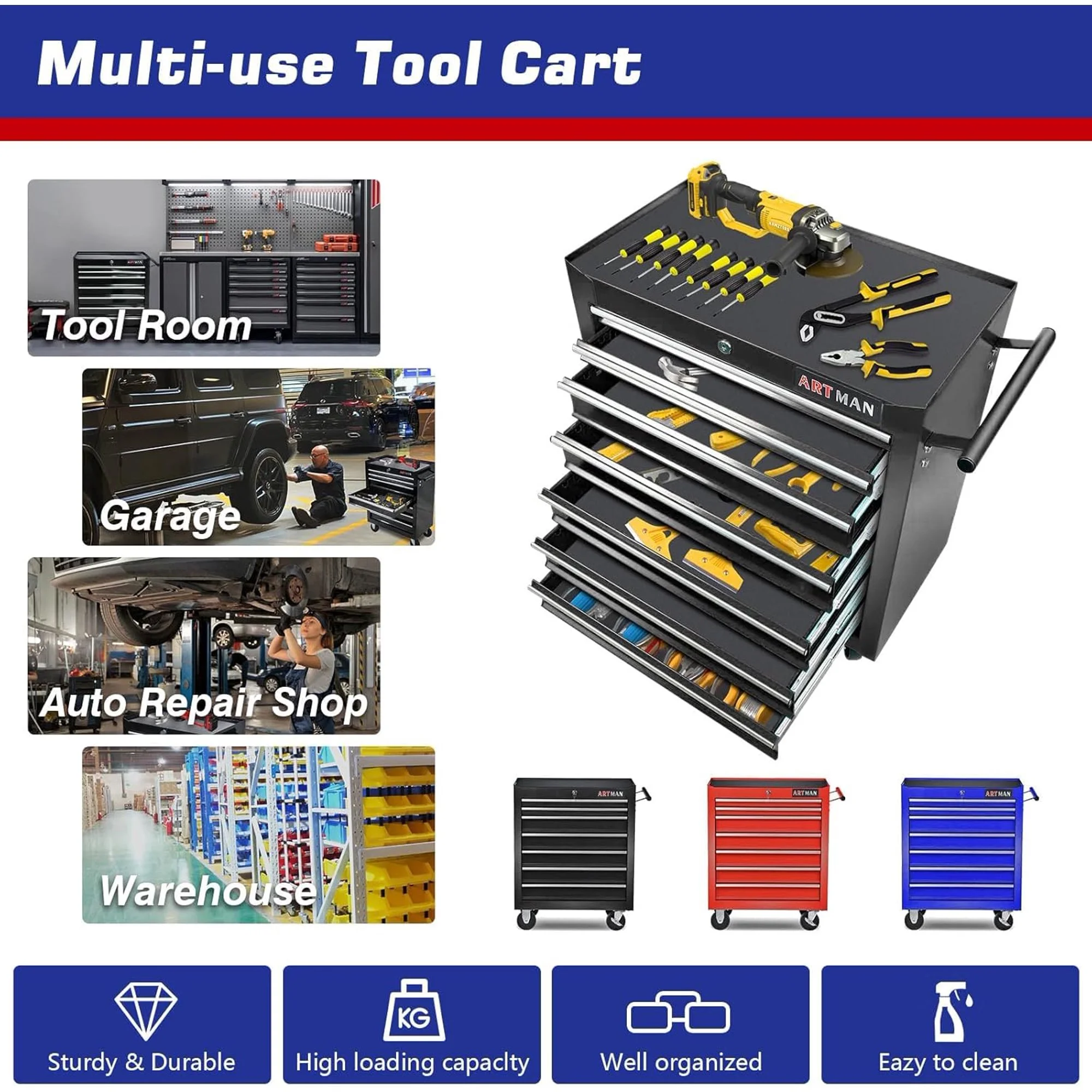 POVANLI 7-Drawer Rolling Tool Chest with Wheels Multifunctional Tool Chest Portable Tool Storage Cabinet with Locking System for Garage Workshop Warehouse Repair Shop - Image 18