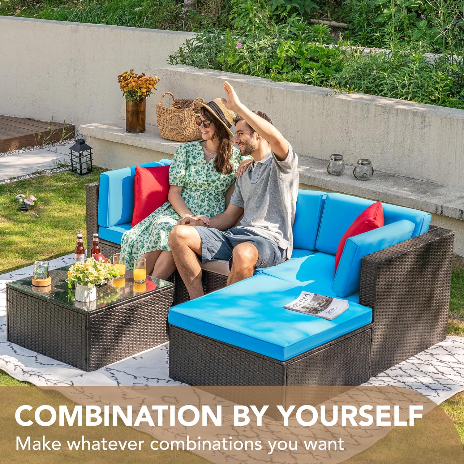 5-Piece All-Weather Patio Furniture Set with Cushions, Outdoor Wicker Conversation Sofa Set for Garden, Deck & Backyard - Image 15
