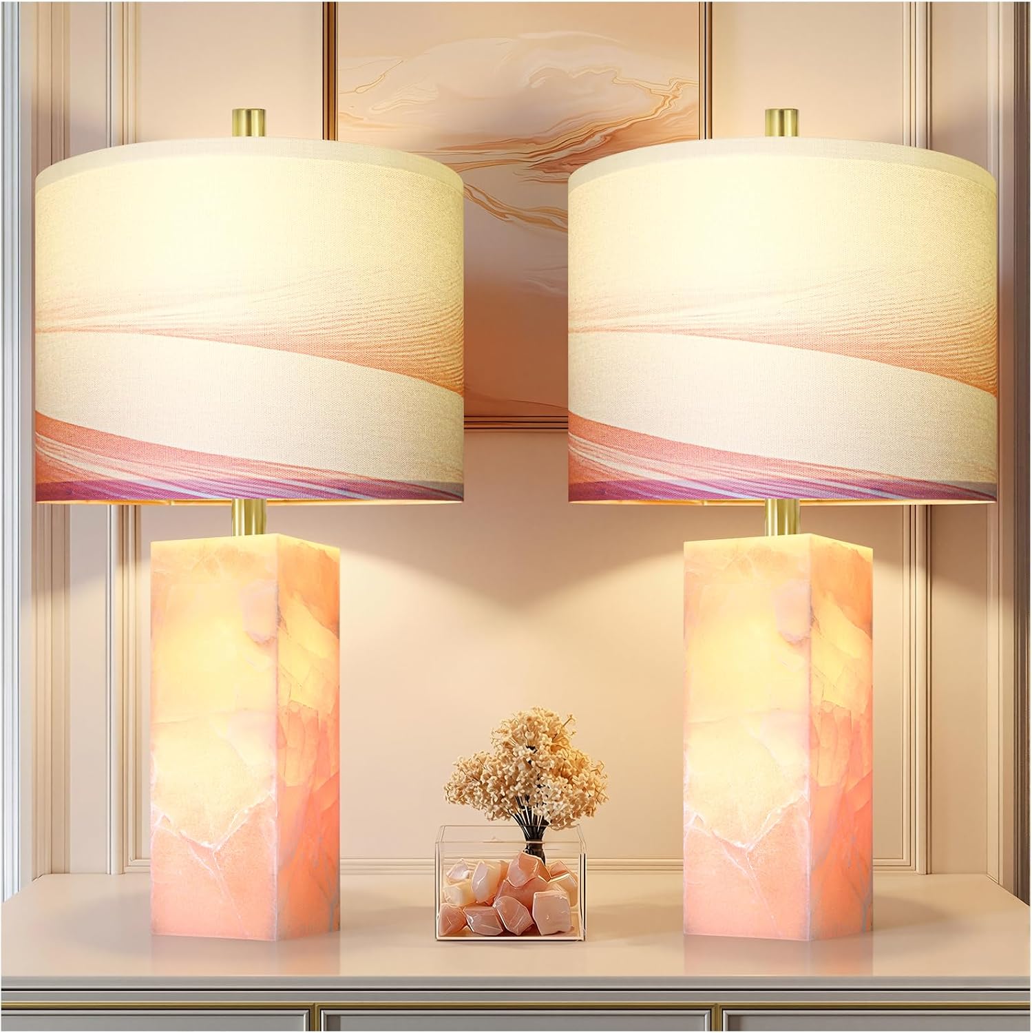 Alabaster Table Lamps with Night Light, Bedside Lamp with USB A+C - Image 3