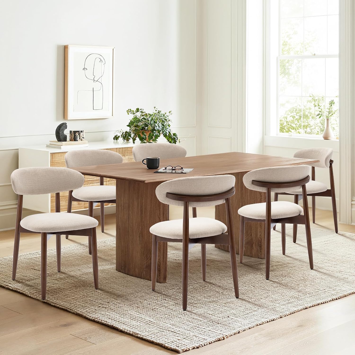 Wooden Dining Chairs Set of 6, Upholstered Kitchen Side Chair, Camel