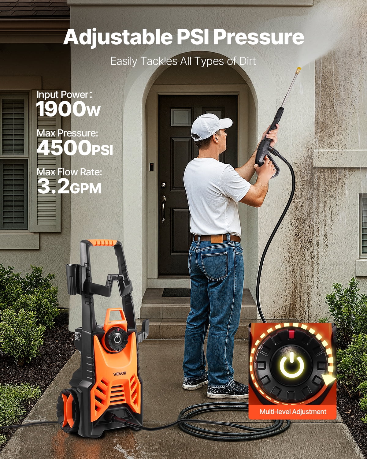 VEVOR Electric Pressure Washer, Max 4500 Psi and 3.2 GPM with Pressure Adjustment, High Power Pressure Cleaning Machine with 4 Quick Connect Nozzles - Image 5