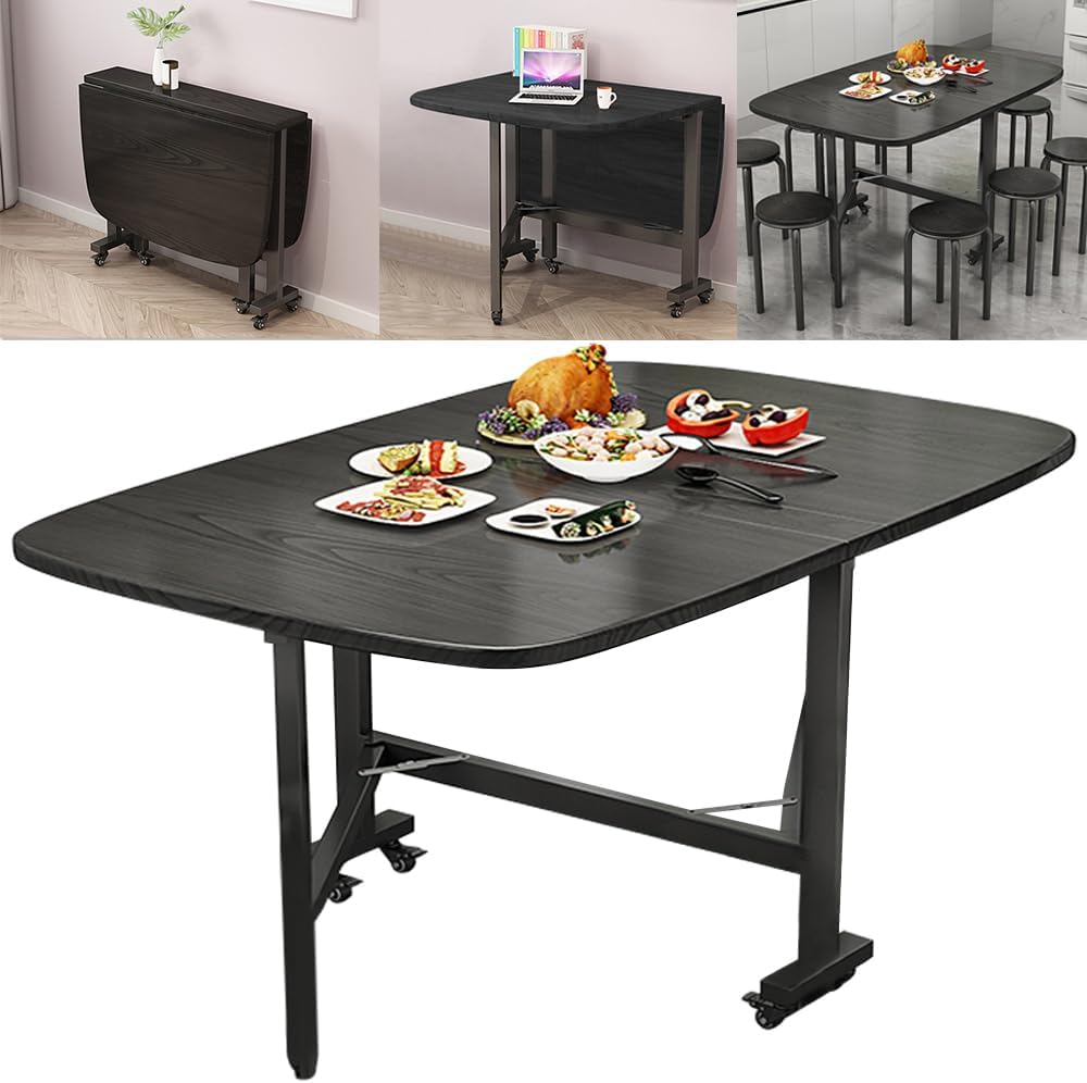Multifunction Table Drop Leaf Dining Table - 47" Wooden Foldable Kitchen Table with 6 Wheels (Brown) - Image 2