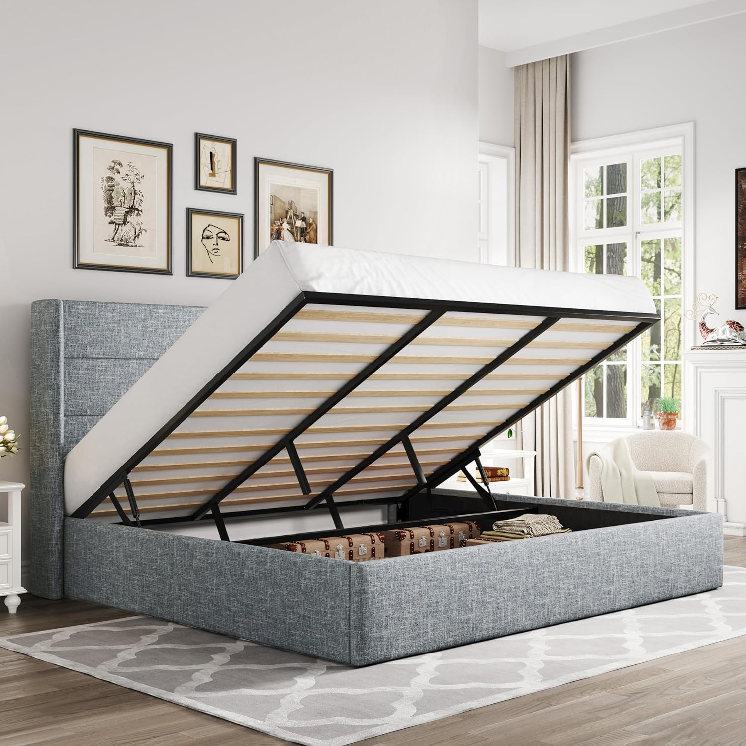 Queen Size Lift Up Storage Bed with Wingback Headboard, Upholstered Platform Bed Frame with Hidden Storage - Image 22