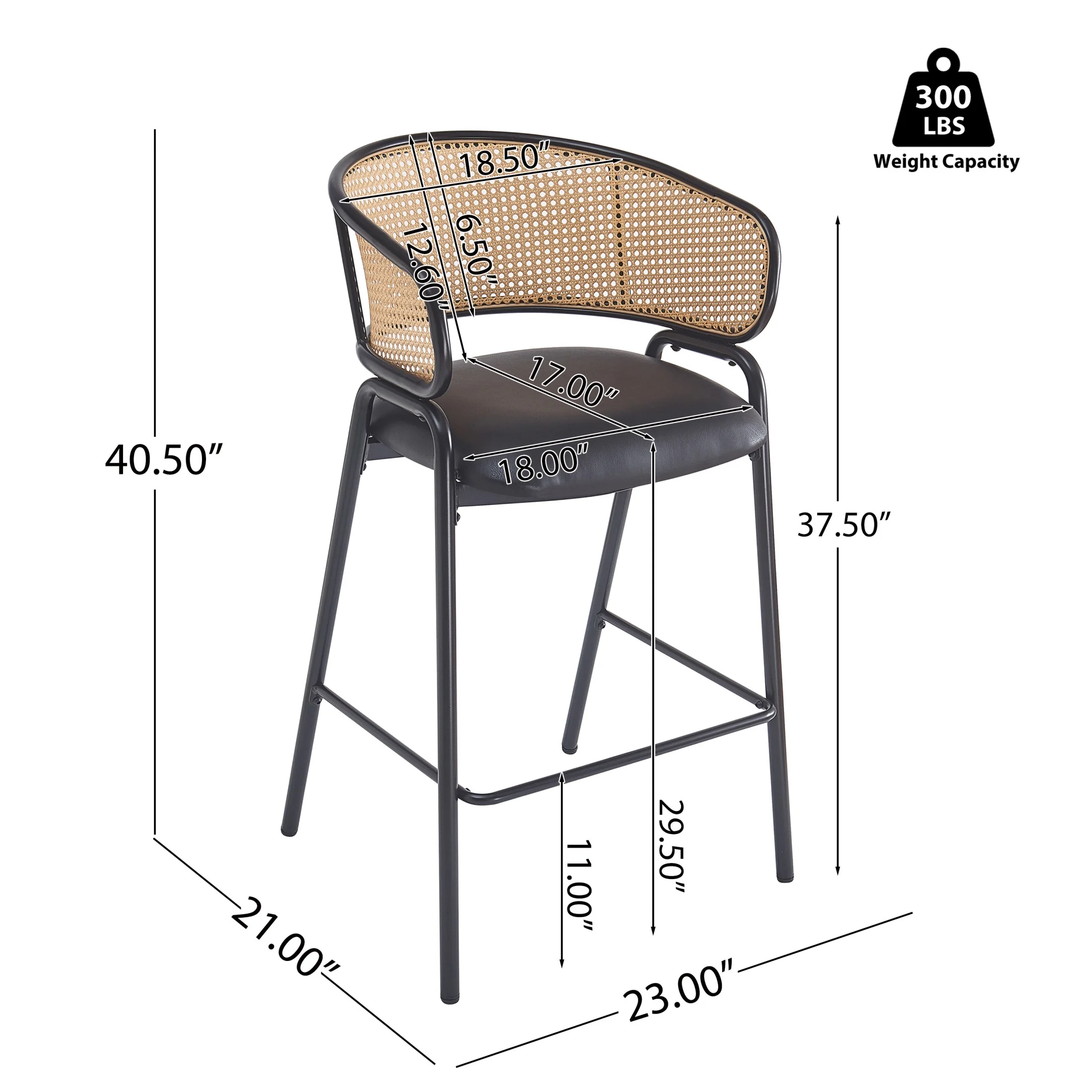 Christopher Knight Home 29.5" PU Upholstered Bar Stool with Woven Rattan Backrest & Iron Frame, Black, Set of 2 - Image 8