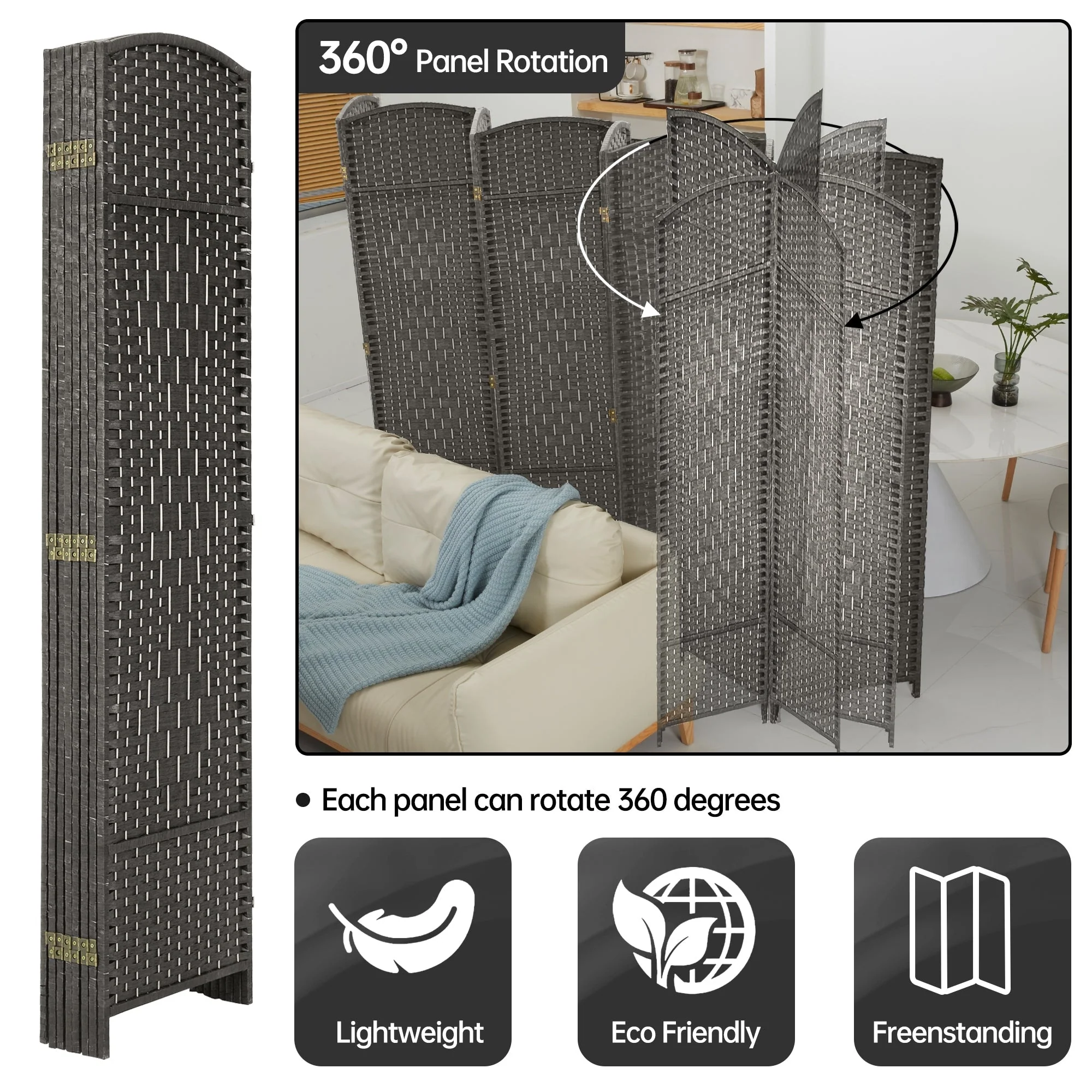 6 FT Tall Woven Fiber Room Divider, Freestanding Folding Privacy Screen - Image 51