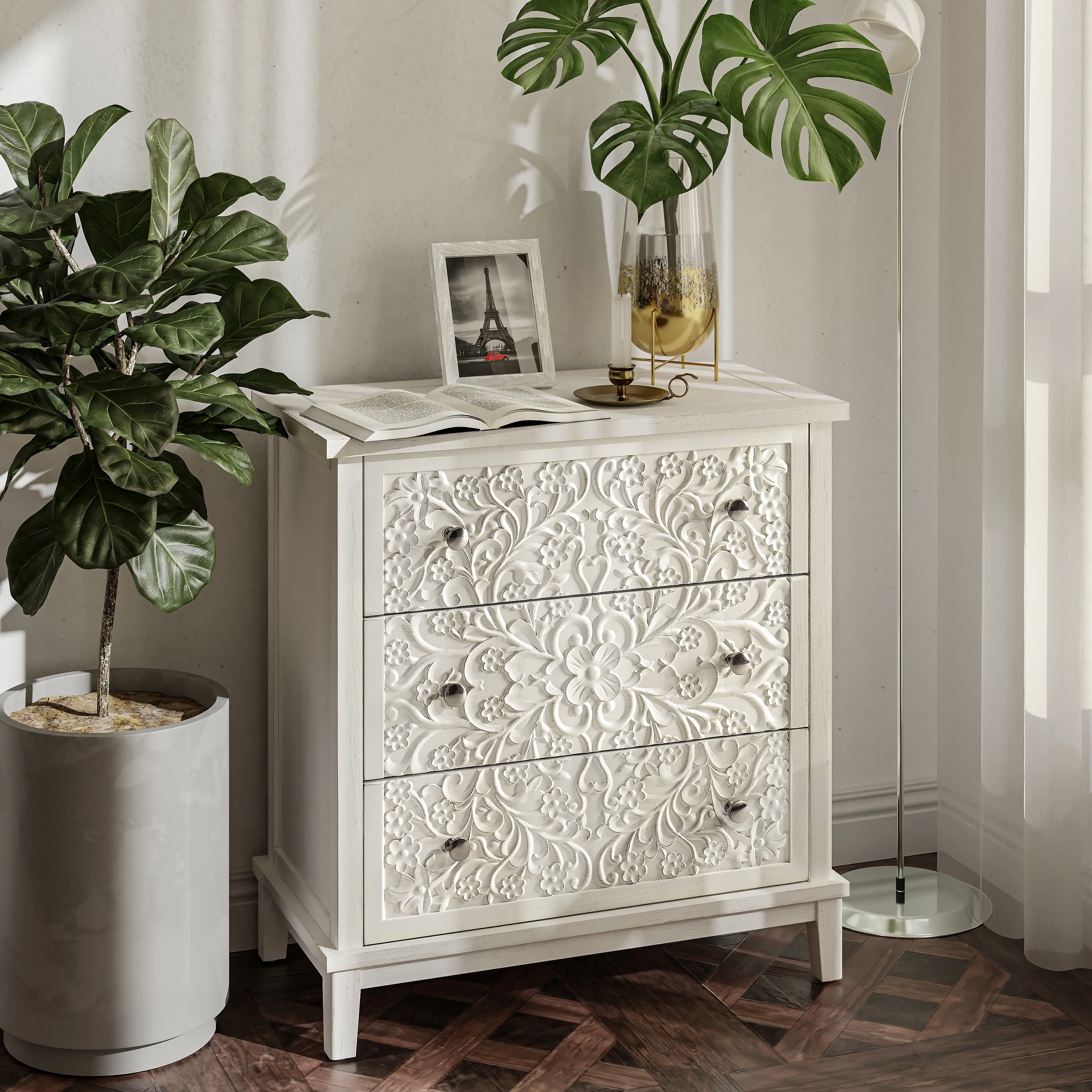 Farmhouse Fully Assembled Nightstand with 2 Drawers, Flower Motif End Table for Small Spaces - Image 19