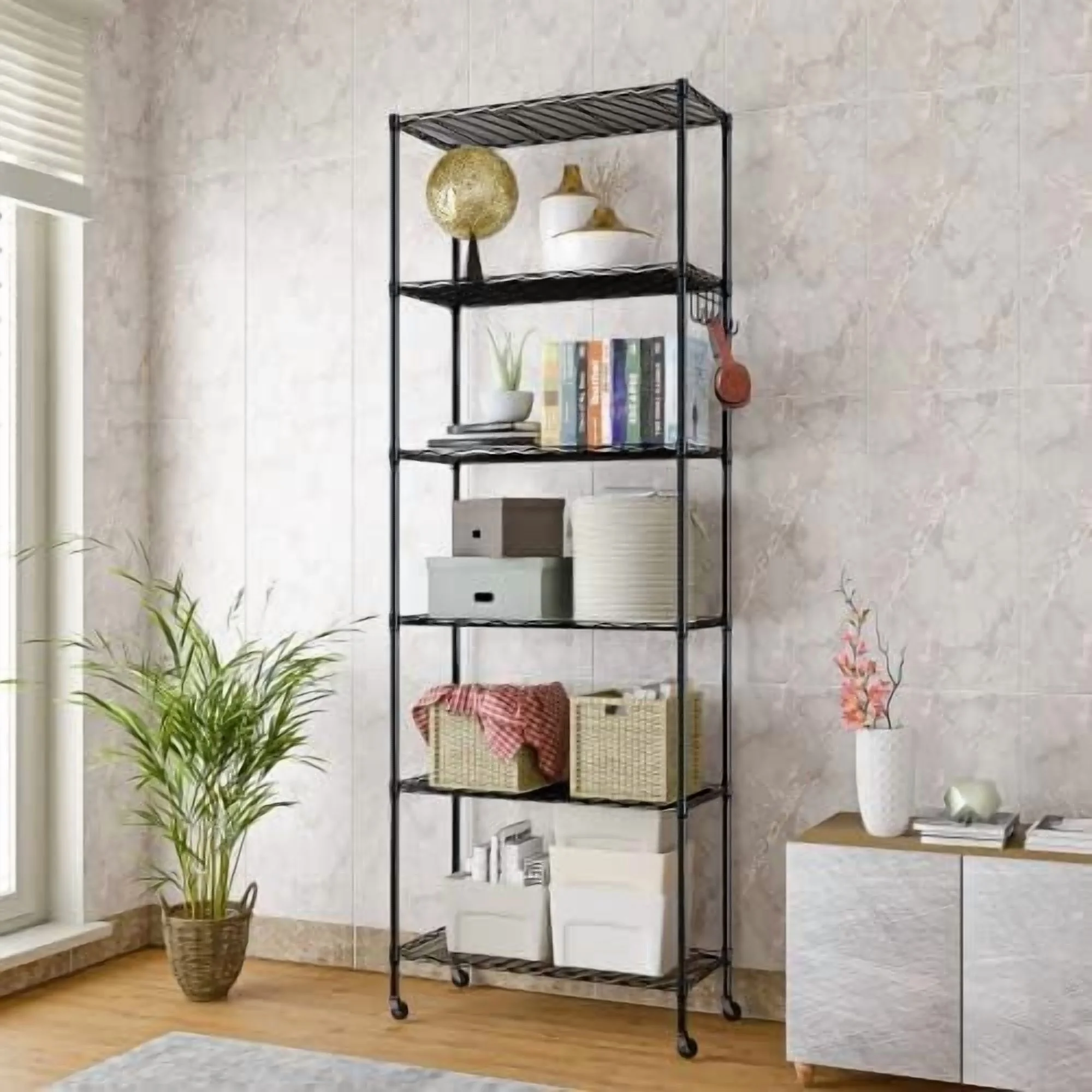 5-Tier Storage Shelf Wire Shelving Unit on Wheels, Adjustable Heavy Duty Metal Shelves with Side Hooks, Steel Rack Organization for Kitchen Garage Basement, Silver - Image 18