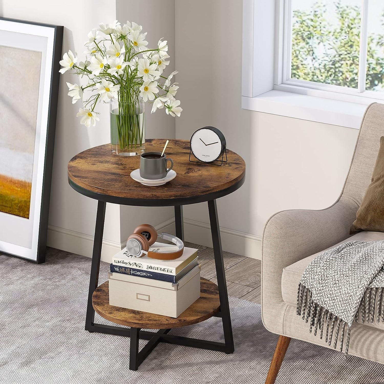 Industrial Round End Table, Small Side Table and Accent Coffee Table for Living Room and Bedroom - Image 6