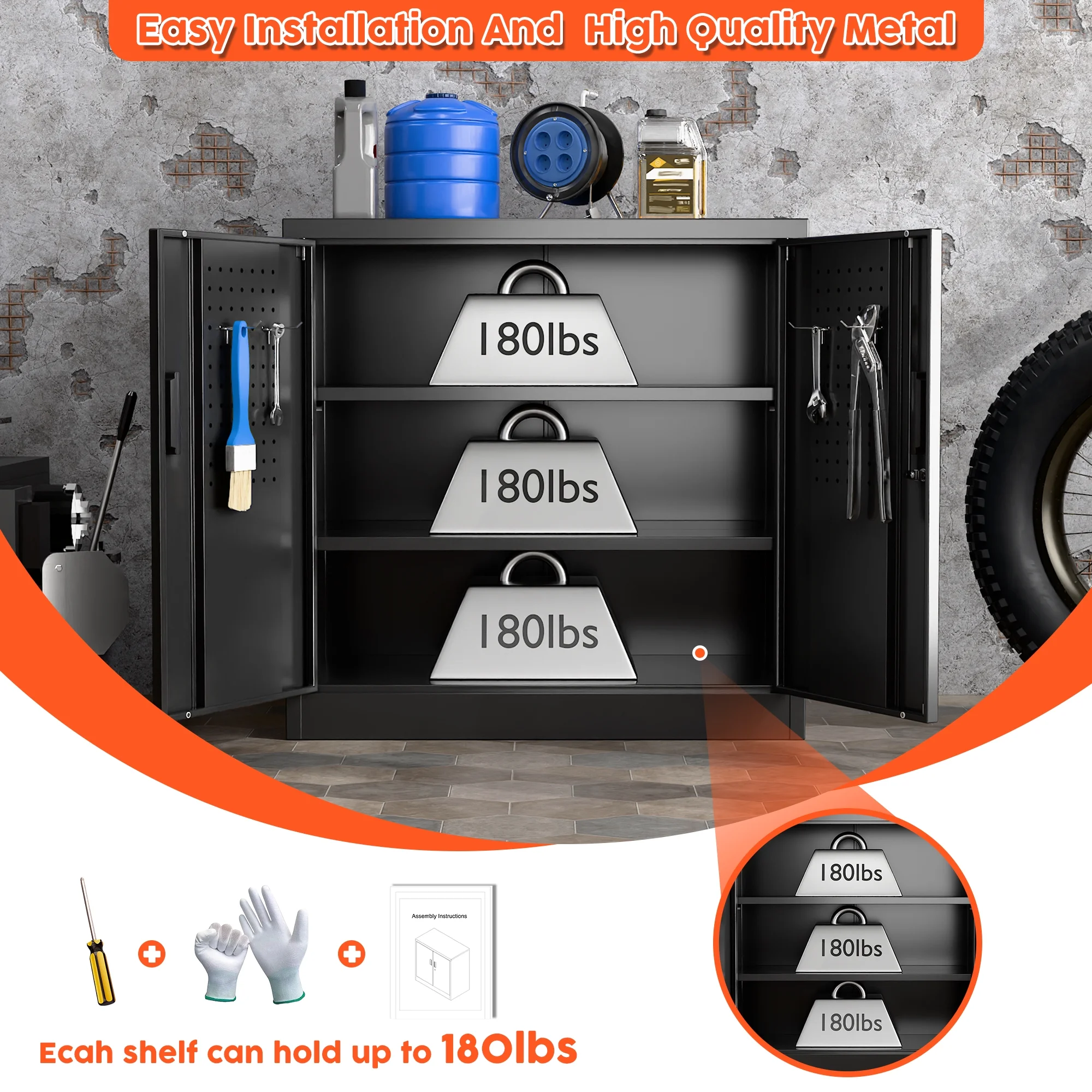 Aobabo Metal Storage Cabinet with Lock & Pegboard,Garage Storage Cabinet with 5 Adjustable Shelves,Tool Storage Cabinets for Home Office Garage,Assembly Required,Black - Image 34