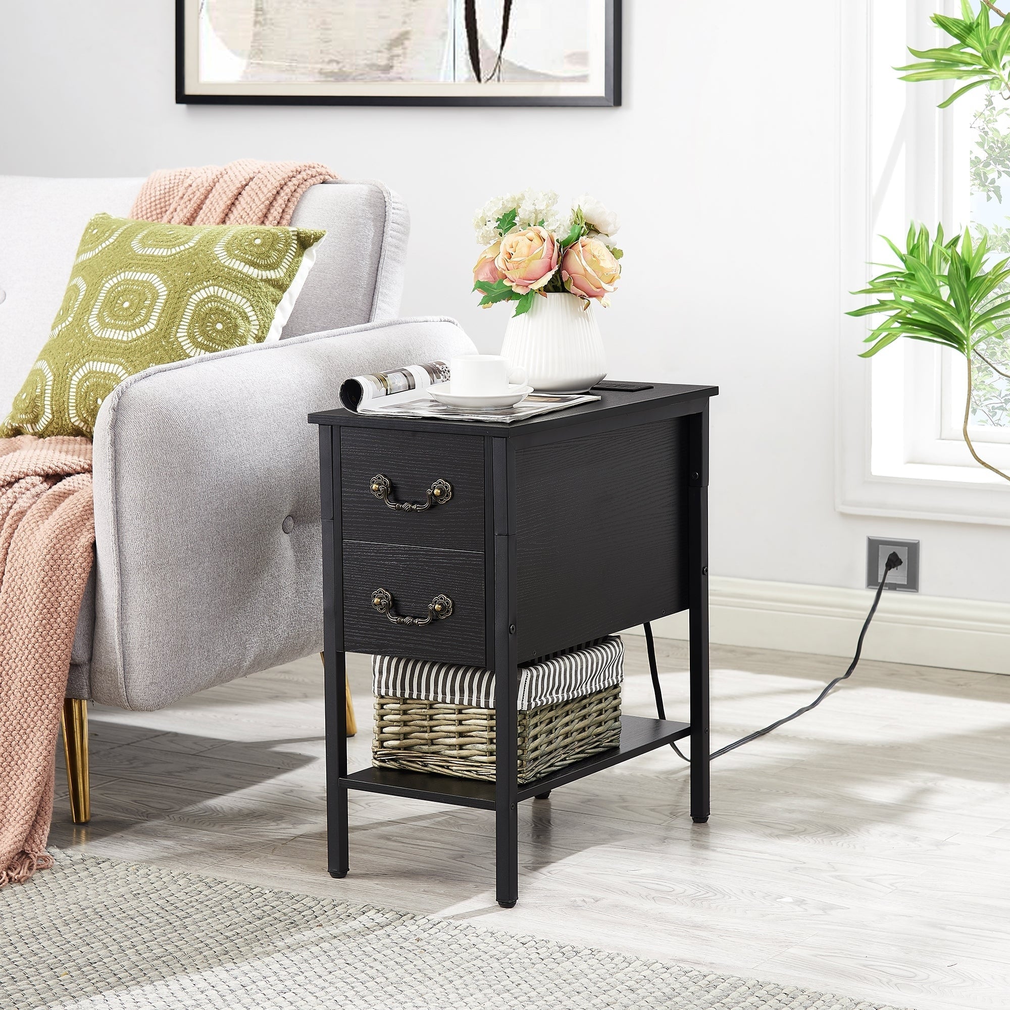 Narrow End Table with Charging Station, Chairside Table with Drawers, USB Ports and Power Outlets - Image 11