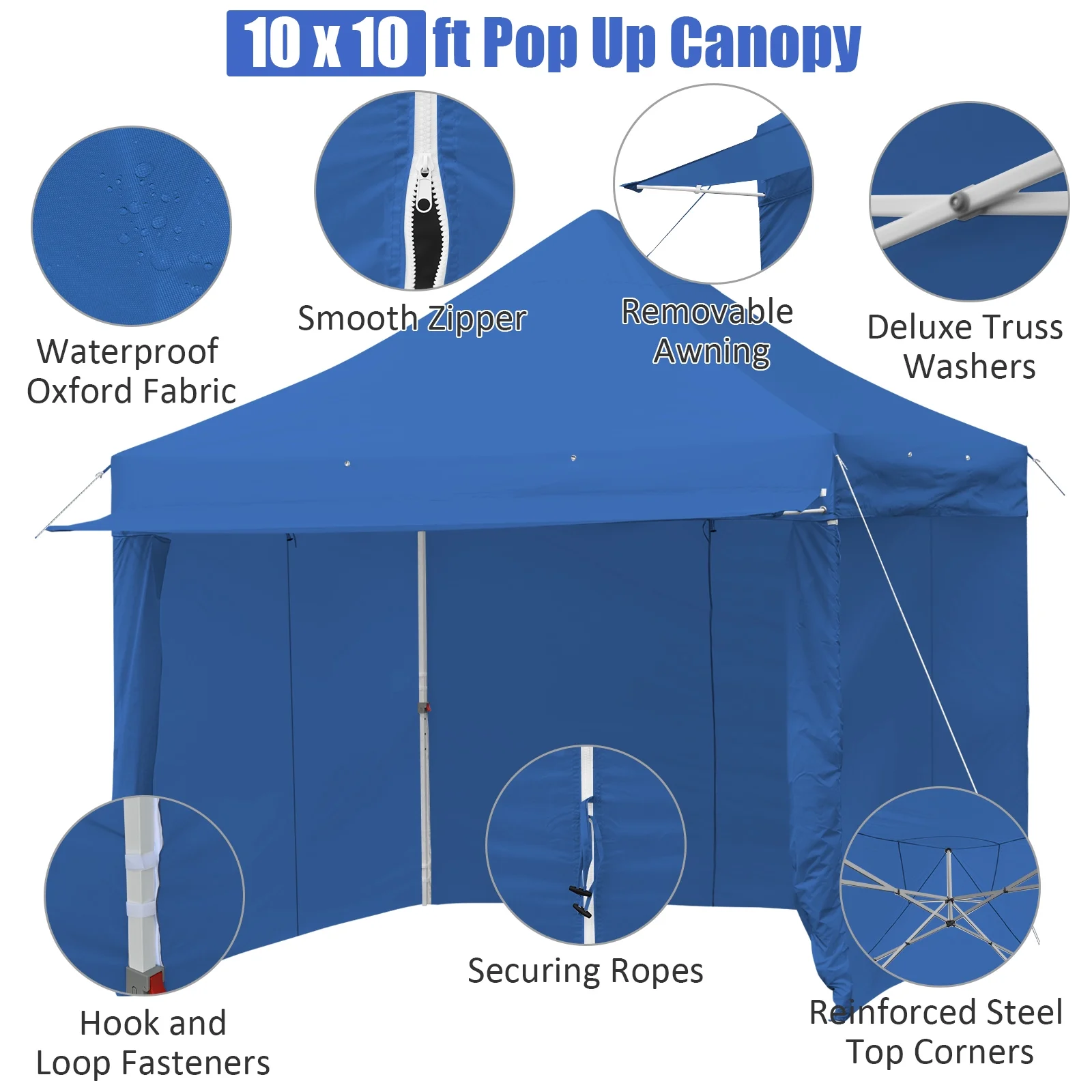 Patiojoy 10x10ft Pop up Tent, 4 Height Adjustment Folding Camping Tent with Awning Blue - Image 13