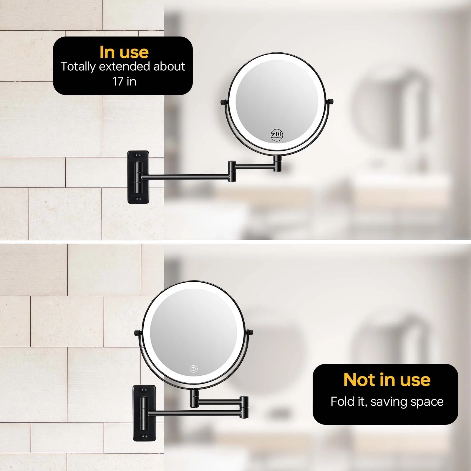 8 Inch Round Wall Mounted Makeup Mirror, Rechargeable, 1X/10X Magnification, 3-Color LED Lights - Image 24