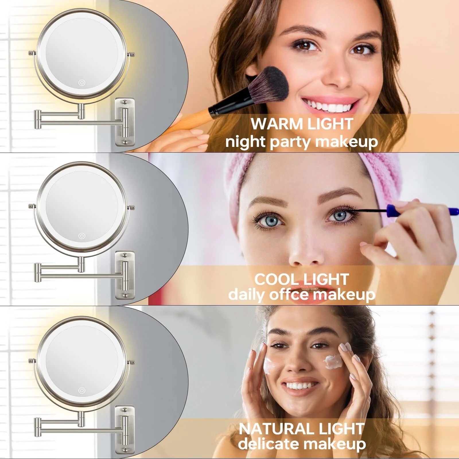 8 Inch Round Wall Mounted Makeup Mirror, Rechargeable, 1X/10X Magnification, 3-Color LED Lights - Image 8