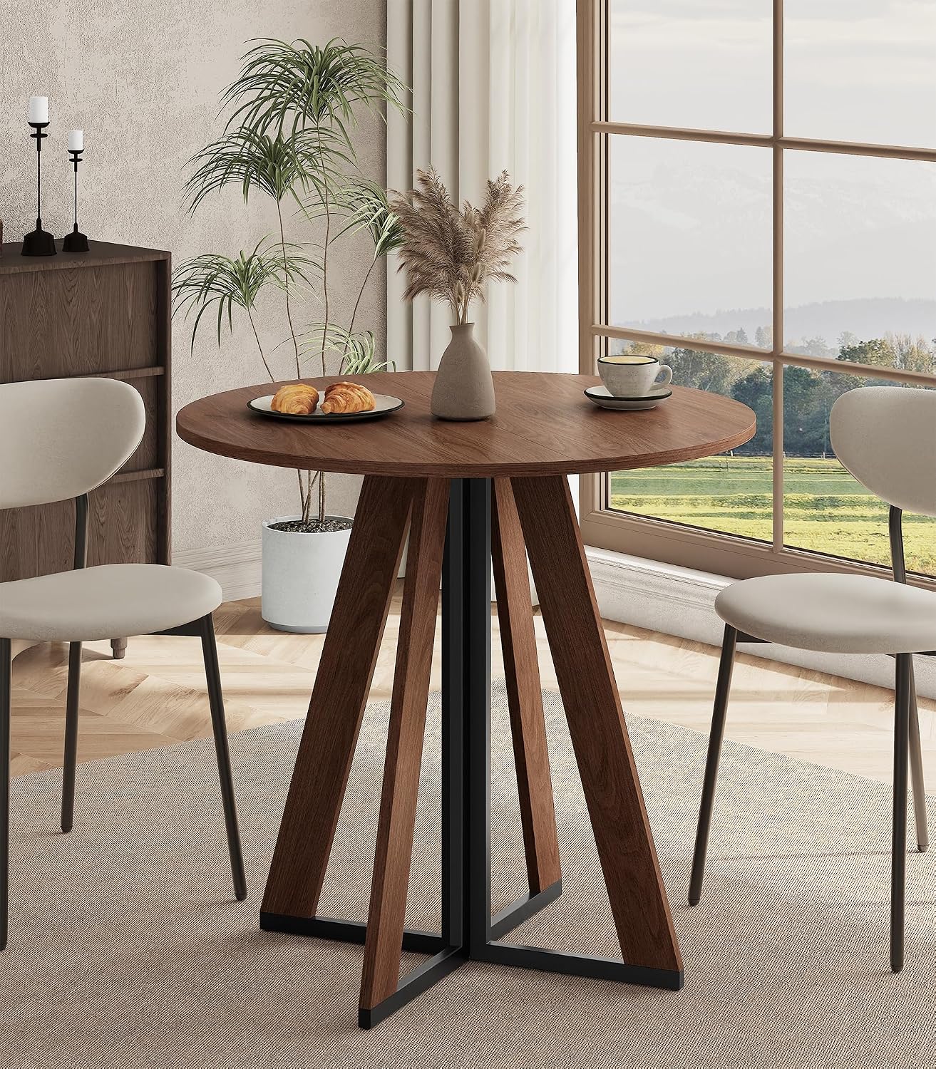 31.5 inch Round Dining Table for 2 4, Farmhouse Kitchen Table, Round Dining Room Table with Metal Legs for Small Spaces & Apartment, Space-Saving Circle Wood Dinner Table, Walnut - Image 2