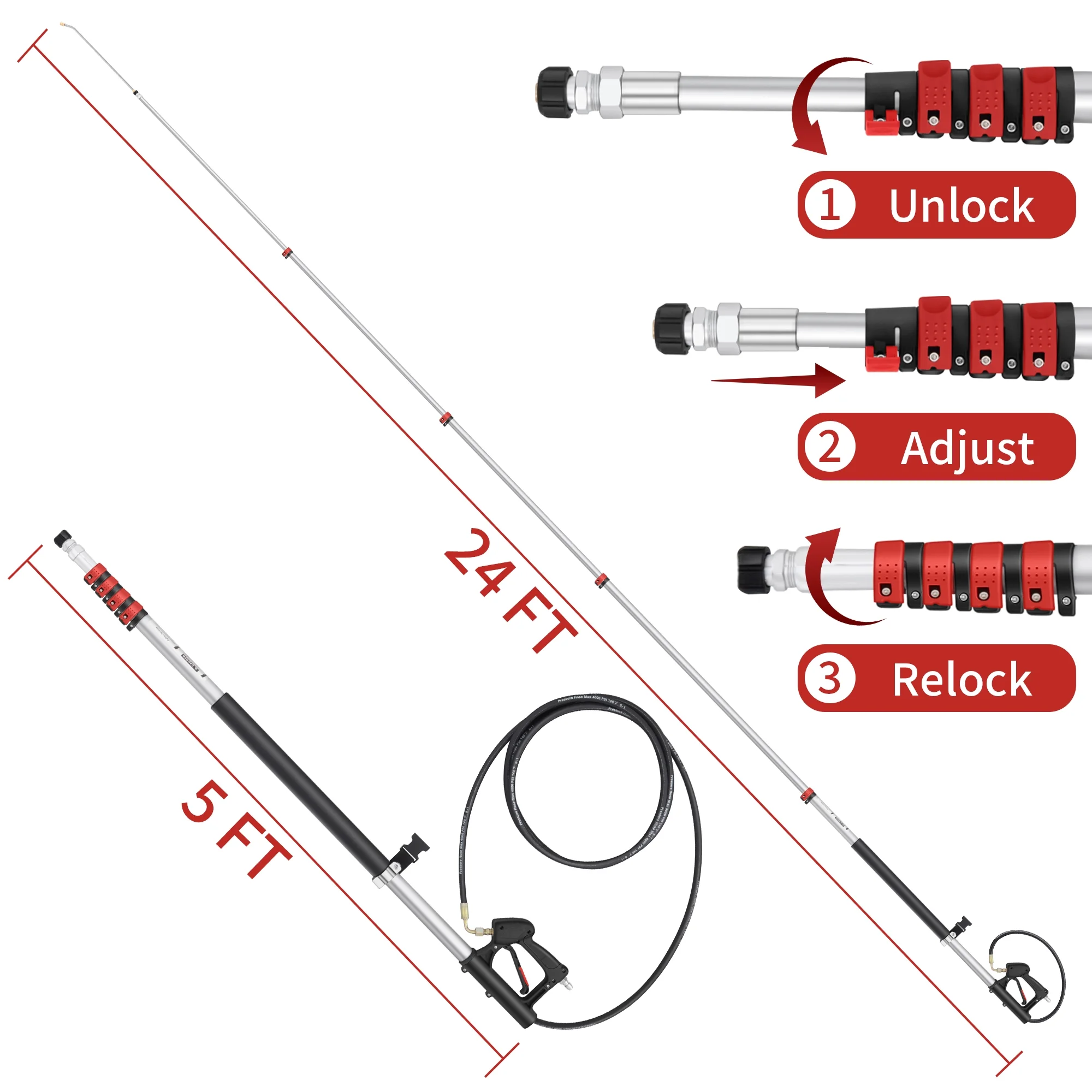 24 FT Gutter Cleaning Tools from The Ground - Telescoping Pressure Washer Wand - Gutter Cleaner Attachment with Power Washer Extension Wands, Brush, 7 Spray Nozzle Tips, 2 Hose Adapters, Support Belt - Image 3