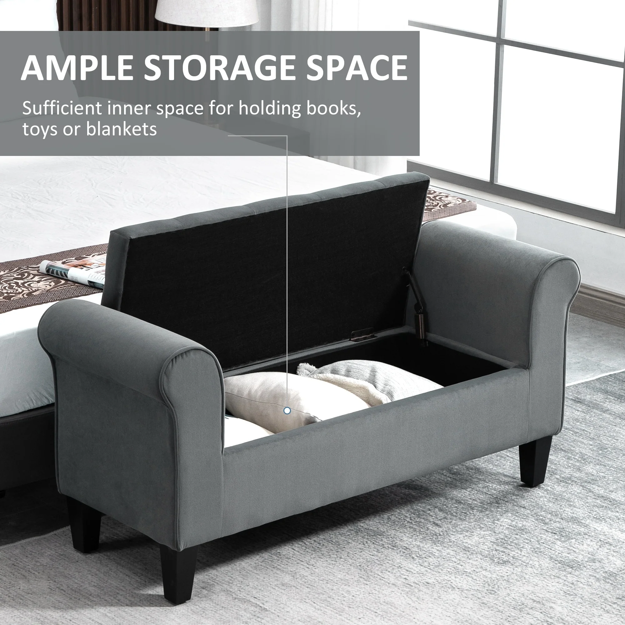 Button-Tufted Storage Ottoman Bench, Upholstered Bed Bench with Rolled Armrests for Bedroom, Living Room and Hallway - Image 15