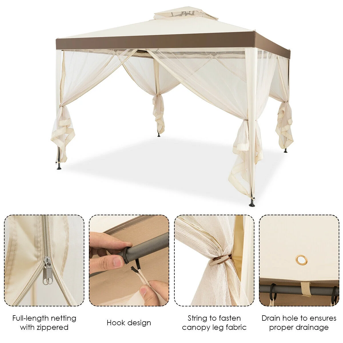Gymax 10'x 10' Canopy Gazebo Shelter W/Mosquito Netting Outdoor Patio Beige - Image 7