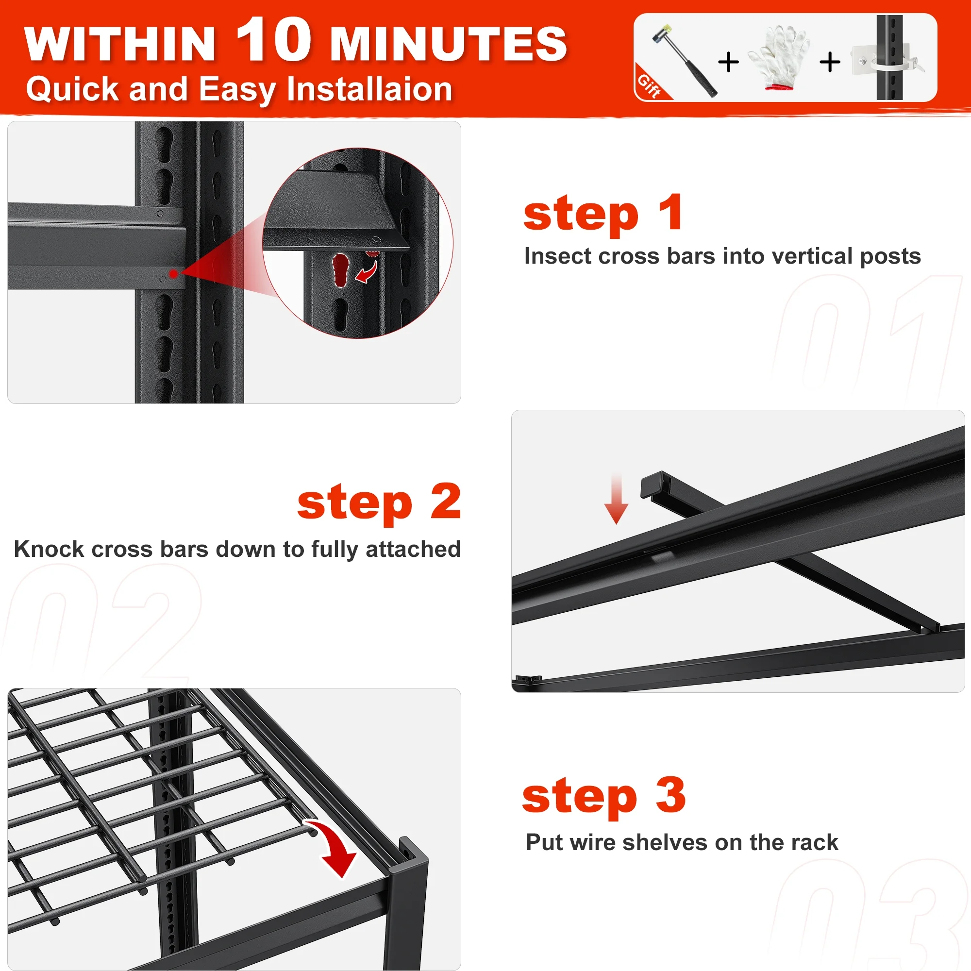 REIBII 55" W Wire Shelving Garage Shelves Heavy Duty 3000lbs Adjustable 5-Tier Storage Rack - Image 8