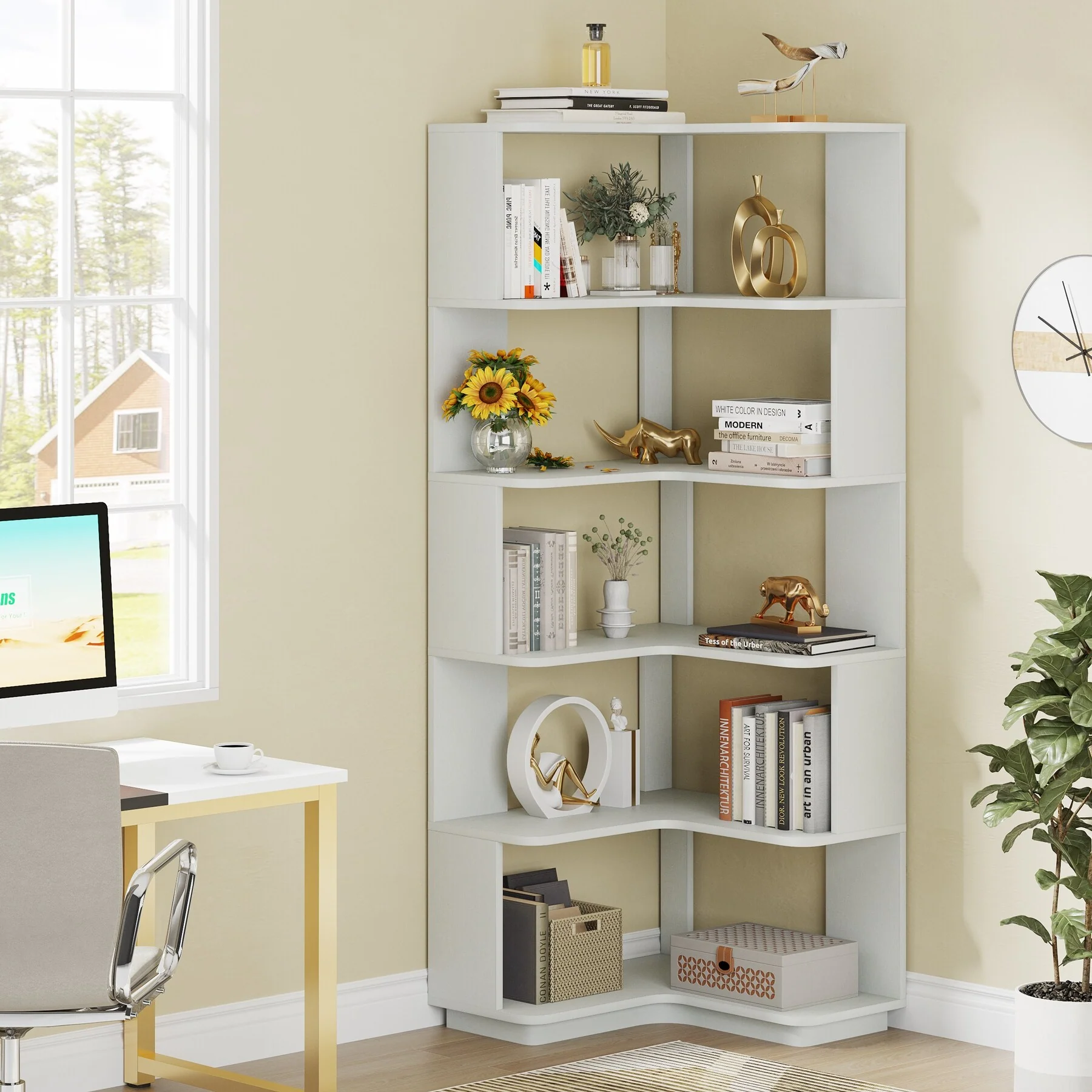 64.9 Inch Tall 6-Tier Corner Bookshelf, Freestanding Wood Industrial Bookcase - Image 36