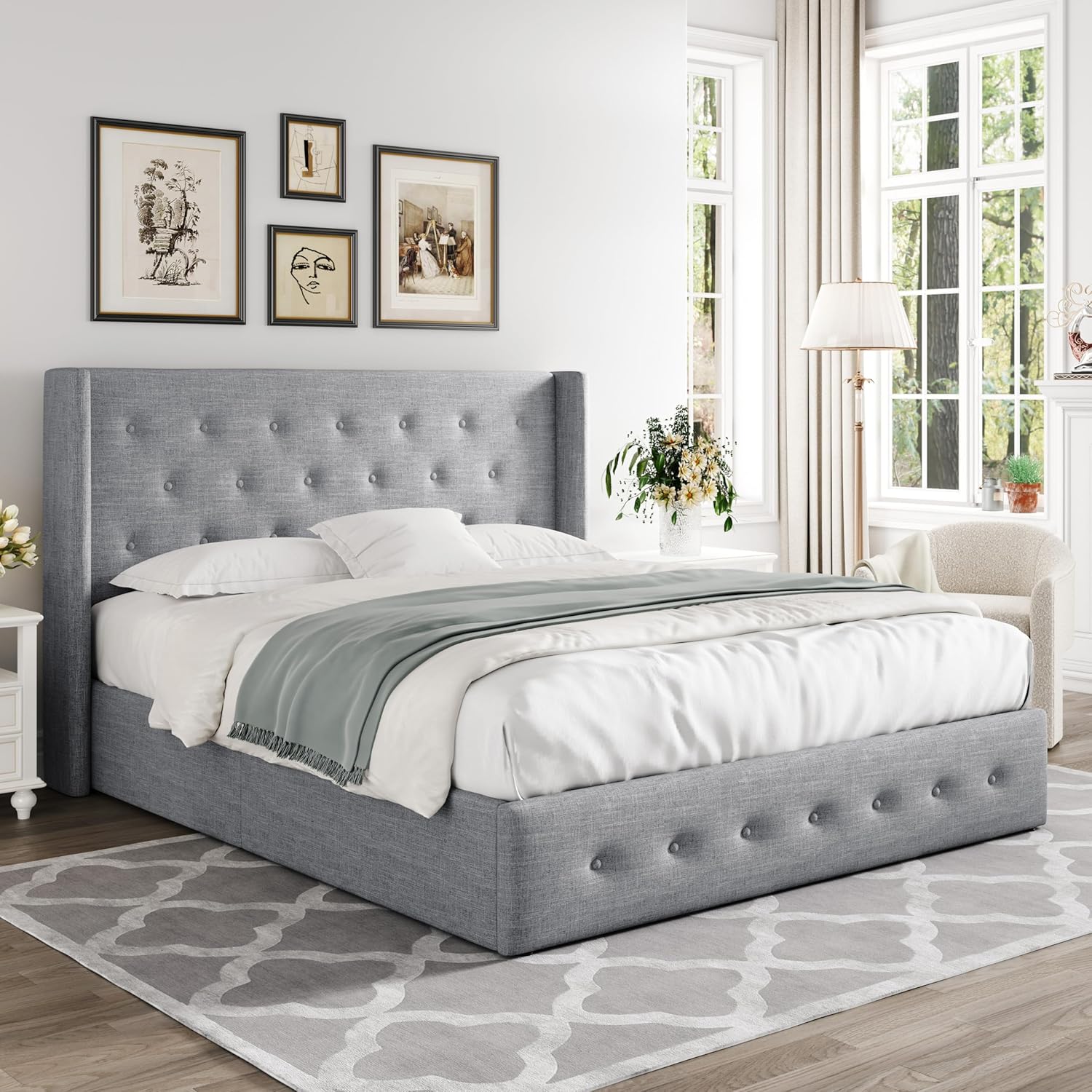Queen Size Lift Up Storage Bed with Wingback Headboard, Upholstered Platform Bed Frame with Hidden Storage - Image 168