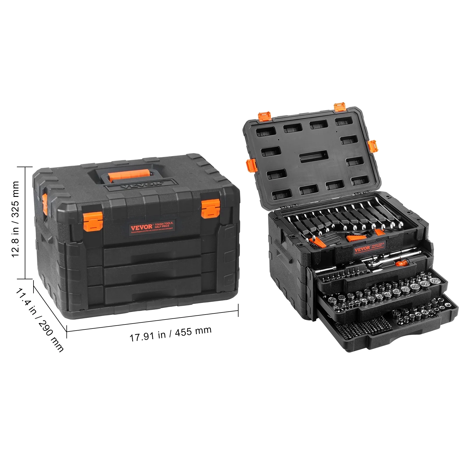 VEVOR Mechanics Tool Set and Socket Set, 1/4" 3/8" 1/2" Drive Deep and Standard Sockets, 450 Pcs SAE and Metric Mechanic Tool Kit with Bits, Hex Wrenches, Combination Wrench,Accessories,Storage Case - Image 8