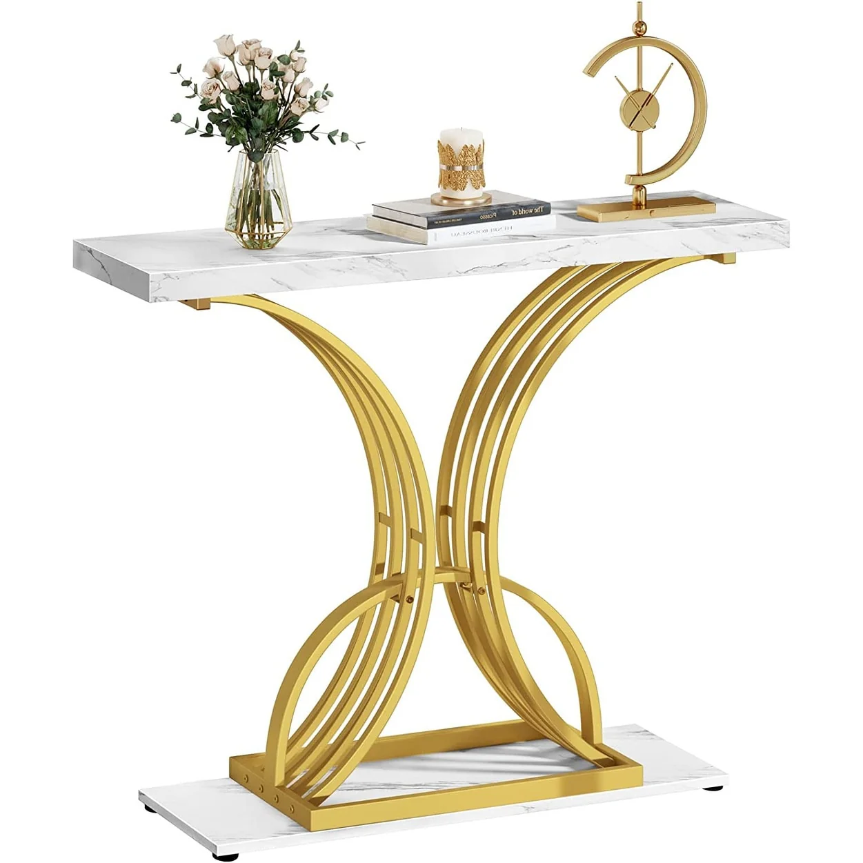 Modern Gold Console Table with Marbled Top, Sofa Table for Entryway and Hallway - Image 2