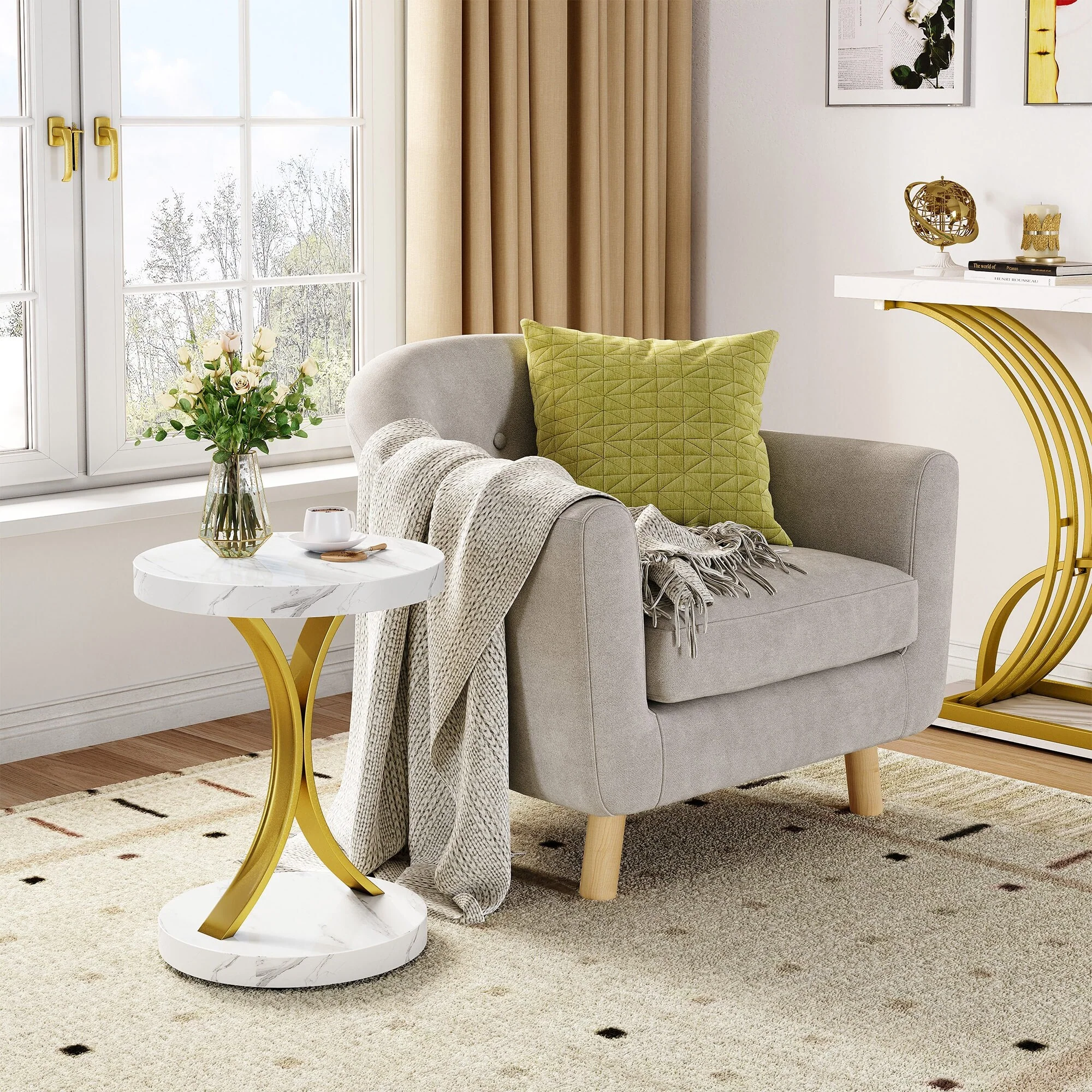 Modern Gold Console Table with Marbled Top, Sofa Table for Entryway and Hallway - Image 47