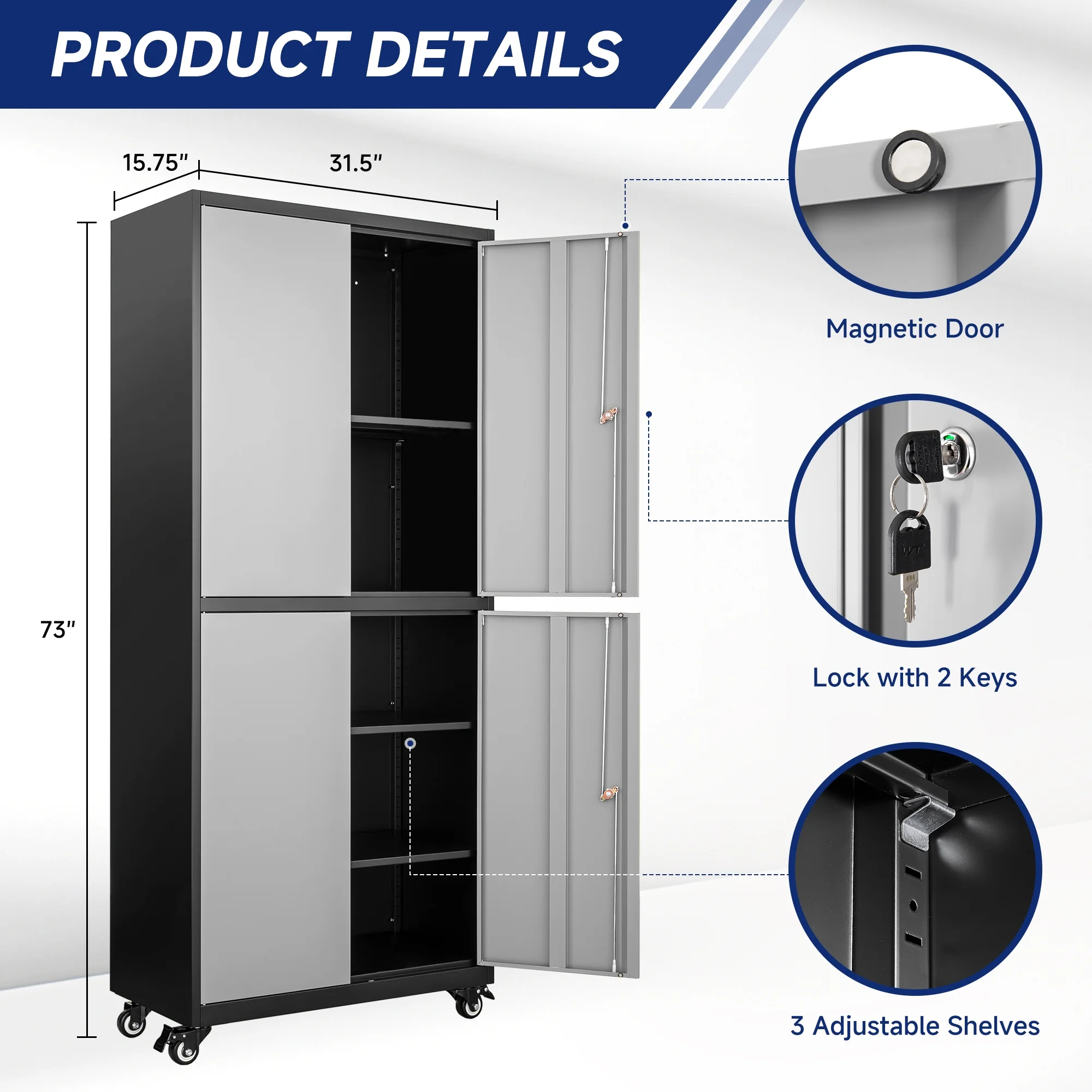 AUHUP 73" Rolling Garage Storage Cabinets with 3 Adjustable Shelves, Metal Storage Cabinet with Wheels, Black Gray Tool Cabinet for Garage,Home,Warehouse,Workshop - Image 3