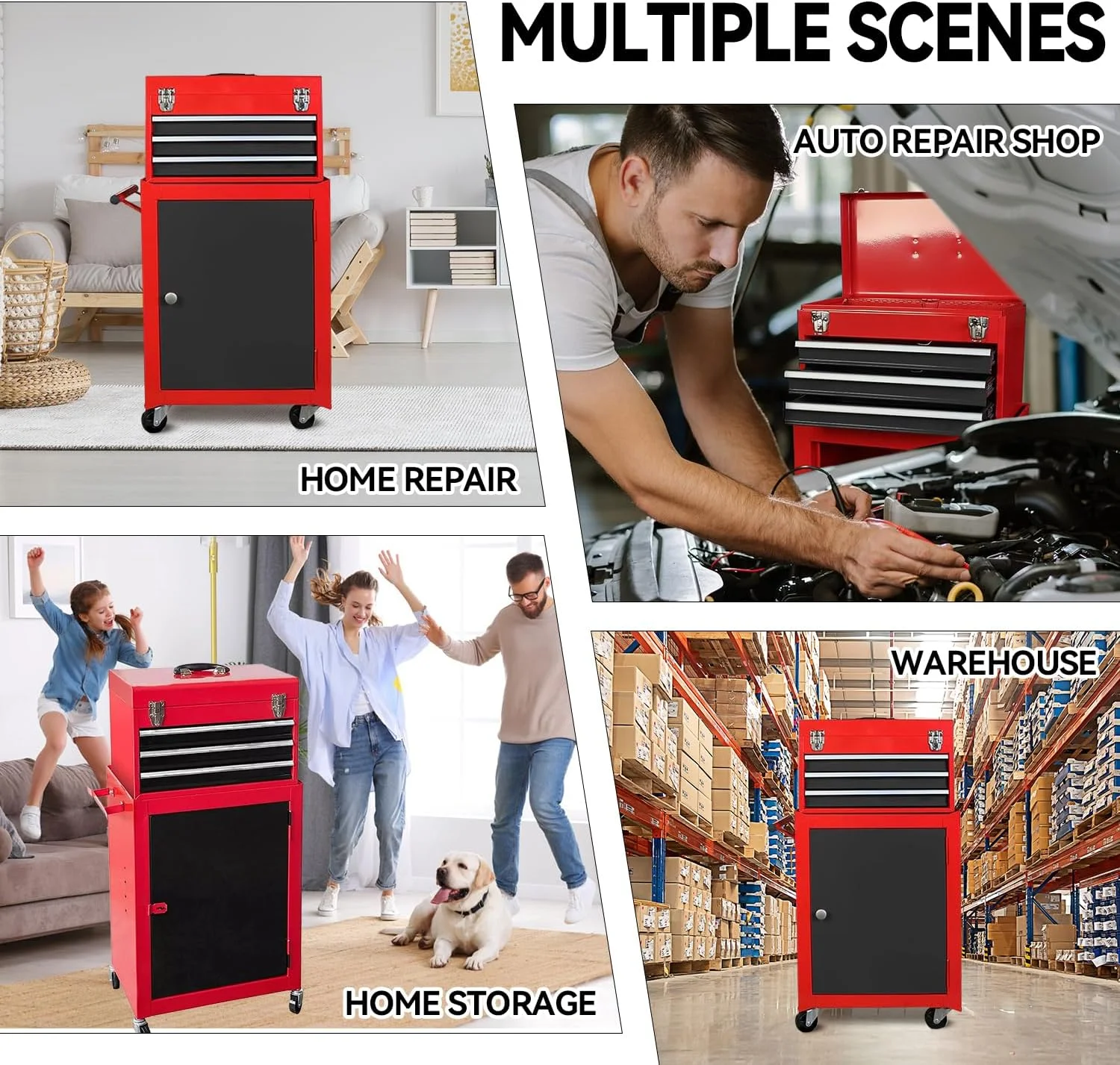 HPDAVV Detachable 3 Drawer Tool Chest Large Storage Cabinet and Adjustable Shelf Red - Image 7
