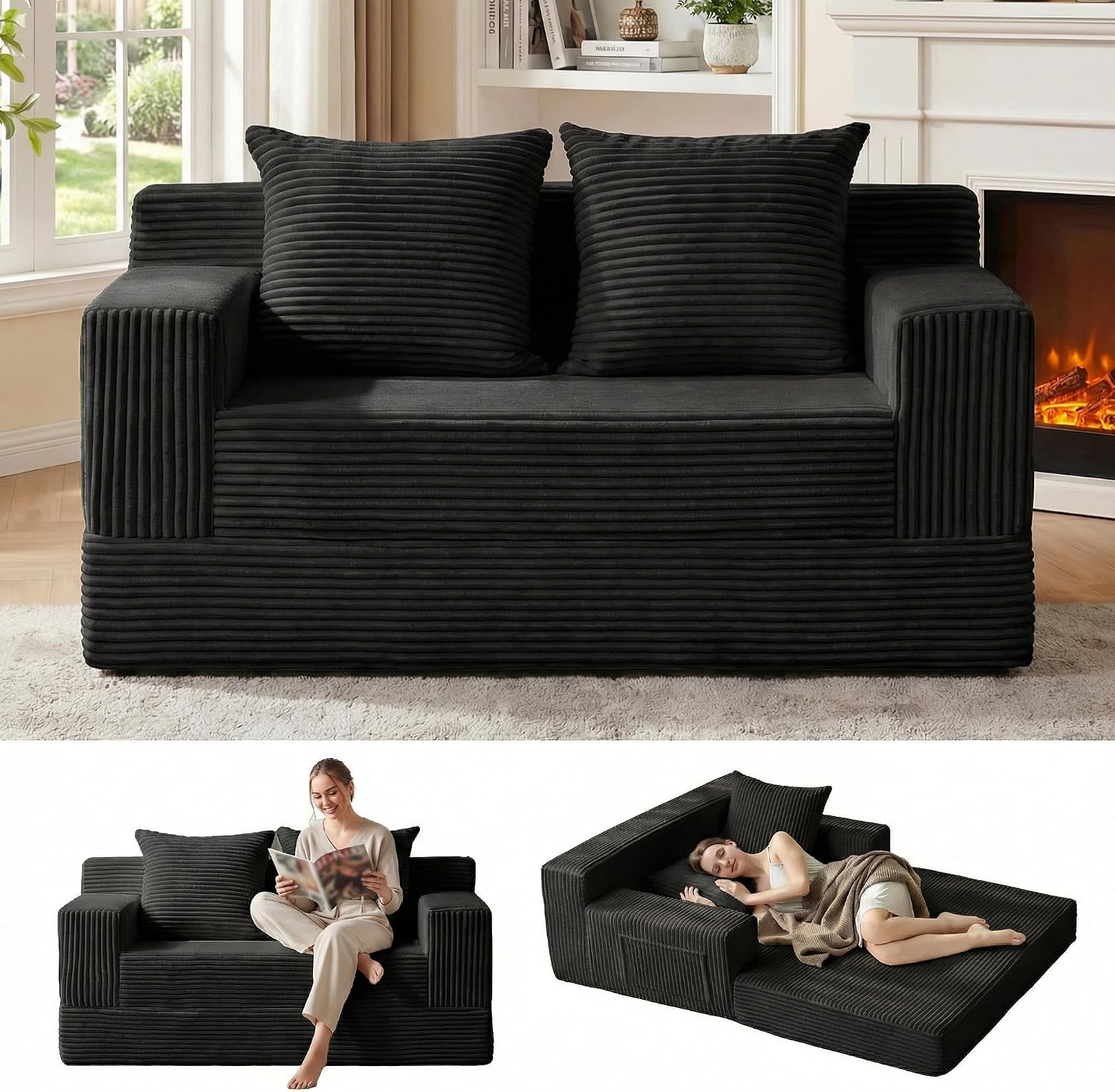 Convertible Sofa Bed, Loveseat Folding Floor Futon Sleeper Sofa Couch Bed- Boneless Foldable Couch, Corduroy Pull Out Sofa Bed with 2 Pillows for Living Room & Bedroom - Image 2