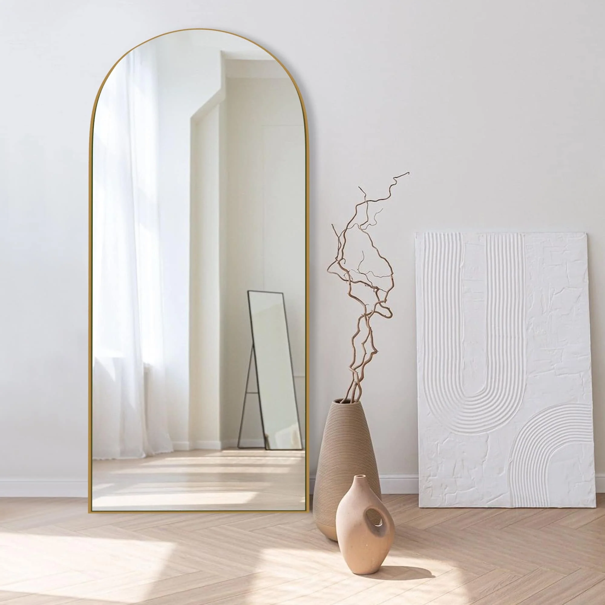 Arched Full Length Wood Floor Mirror, Full Body Standing and Wall Mounted Mirror for Bedroom, Living Room and Home Decor - Image 54
