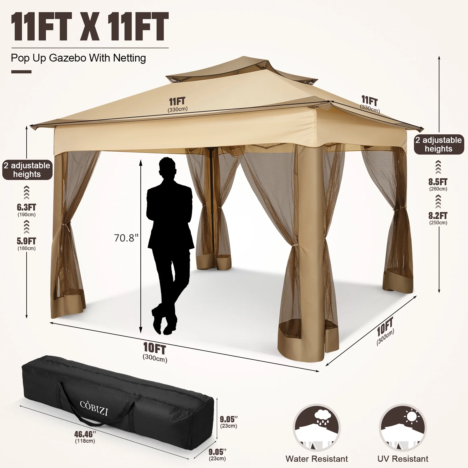 COBIZI 11x11 Pop up Gazebo Outdoor Canopy Gazebo Patio Gazebo with Mosquito Netting Canopy Shelter with 121 Square feet of Shade for Poolside, Garden, Party and Backyard, Khaki - Image 7