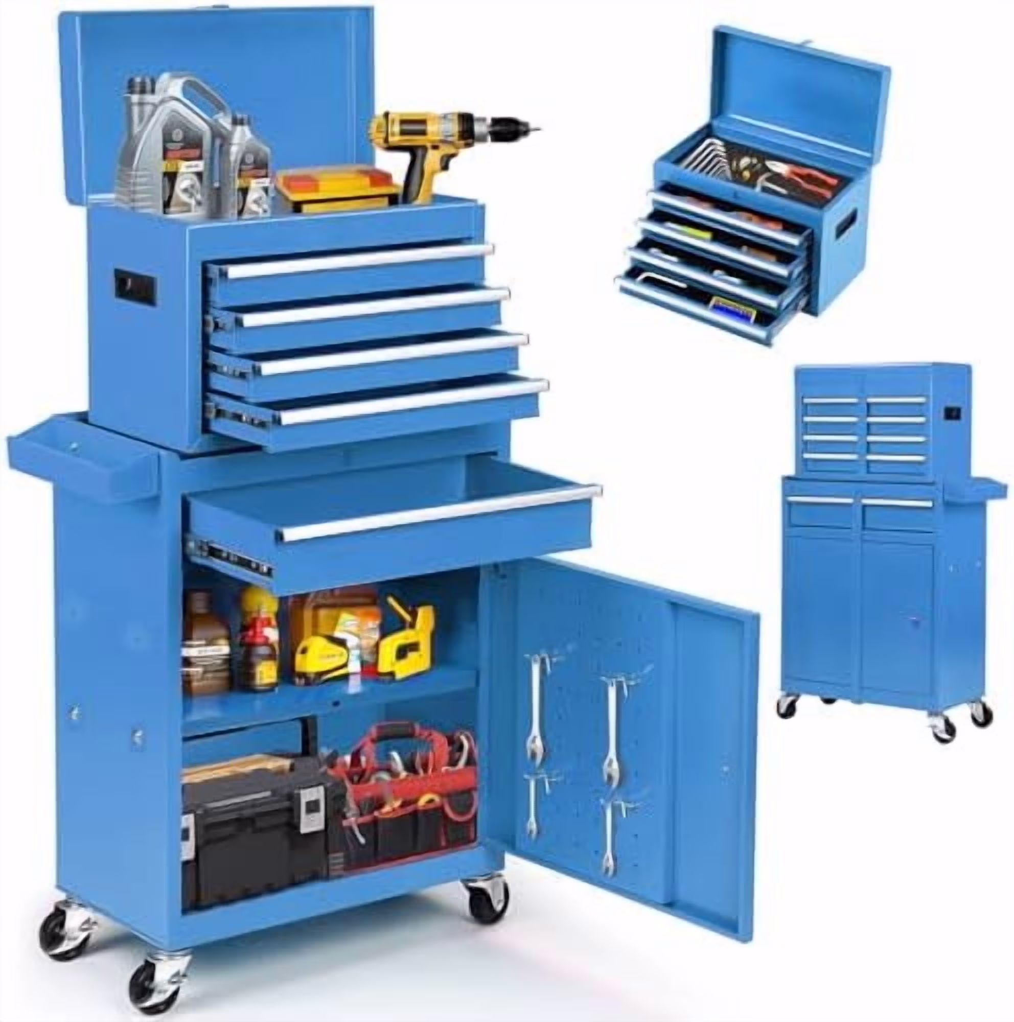 8-Drawer Rolling Tool Chest with Detachable Top Tool Box, Lockable Metal Tool Cabinet, and Liner, Heavy-Duty Storage Organizer with Wheels and 6 Hooks for Garage, Workshop, Green - Image 9